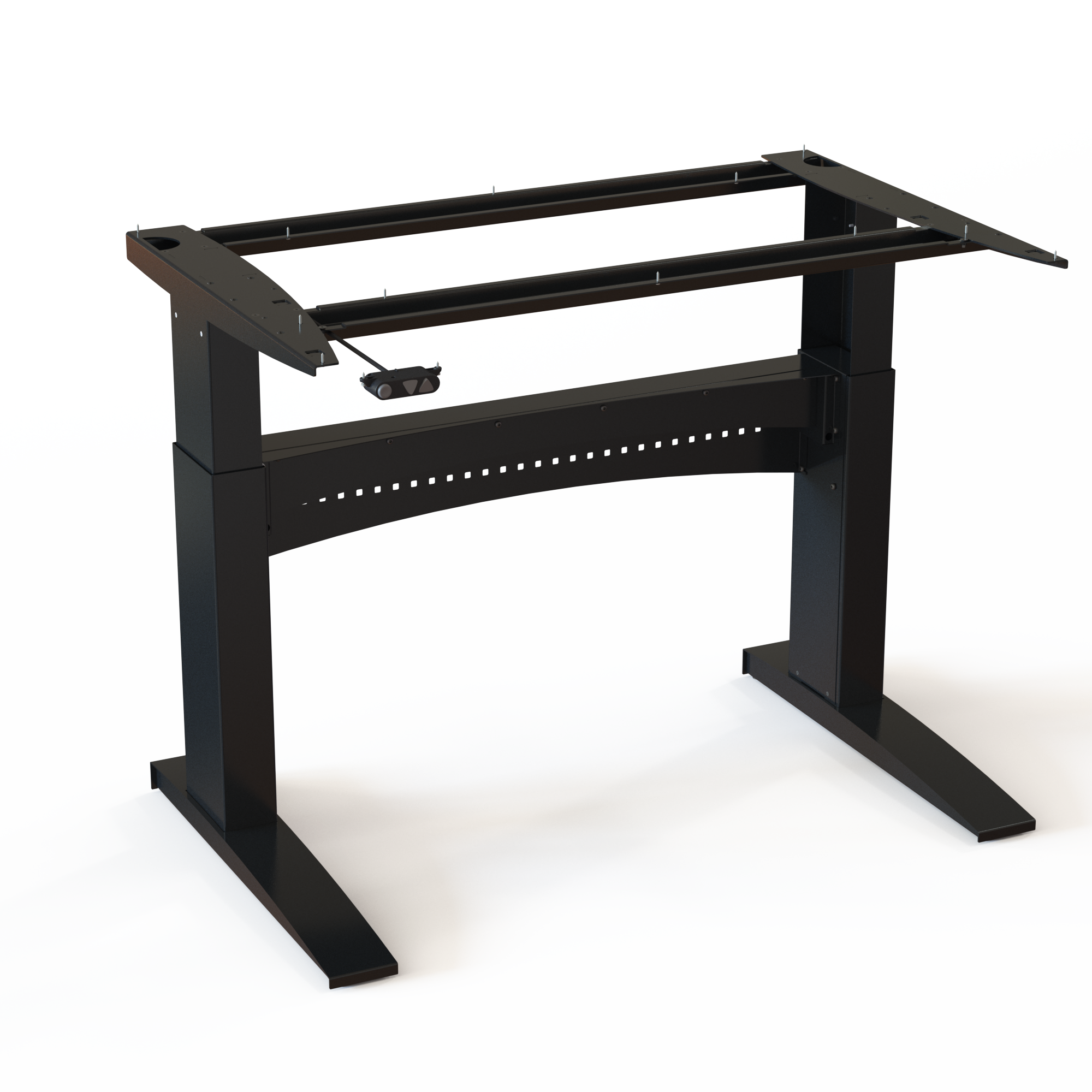 Ergonomic Steel Desk Frame, Black Powder Coated. This heavy-duty frame is 116cm wide. Adjusts in height from 65-122cm and is rated for a substantial load capacity of 150kg.