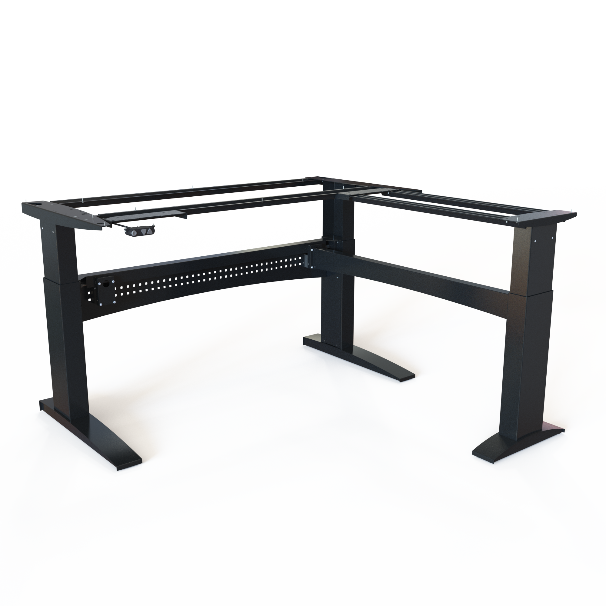 Black 3-Leg Corner Desk Frame. Black lacquered, size 156x156cm. Operates in the range 65-122cm, dynamic load capacity 125kg.