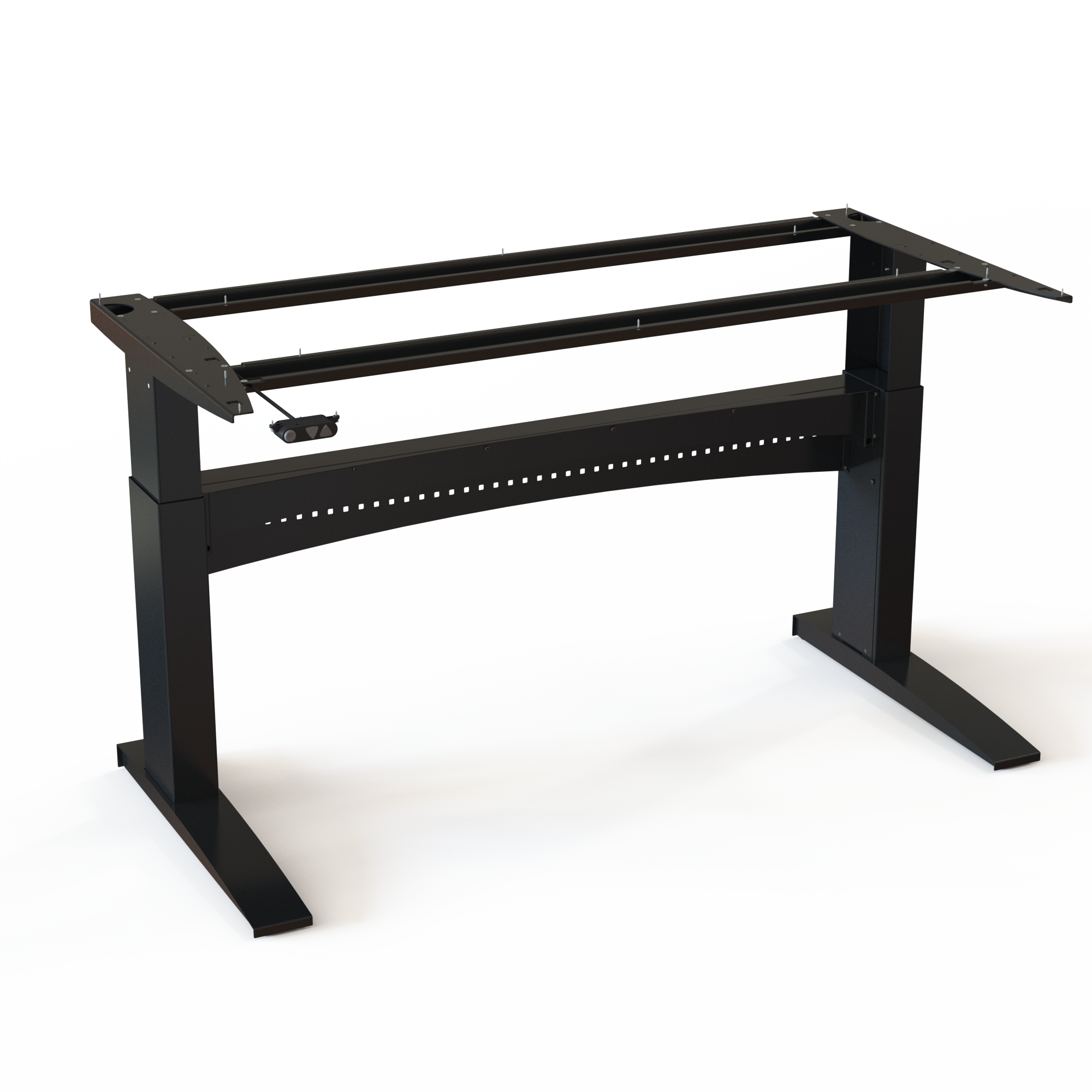 Black Sit-Stand Base for Office Desks. Finished in a black lacquer, with a frame width of 156cm. Operates in the height range of 65-122cm and can be loaded with 150kg.