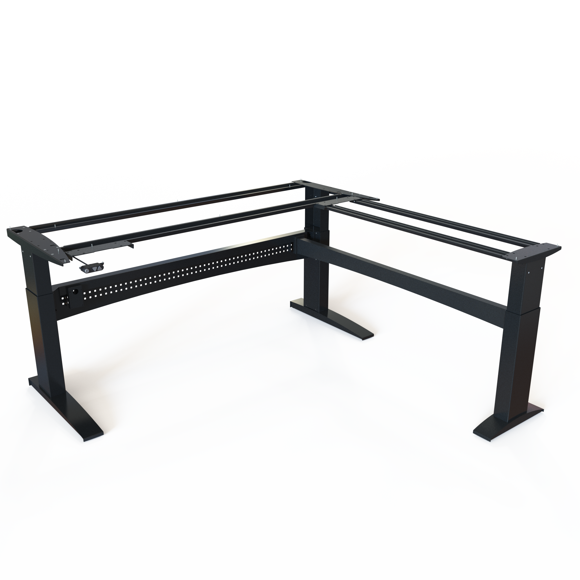 Black 3-Leg Corner Desk Base. Painted black, base width 196x196cm. Adjustable in the interval 65-122cm, and the motor lifts 150kg.