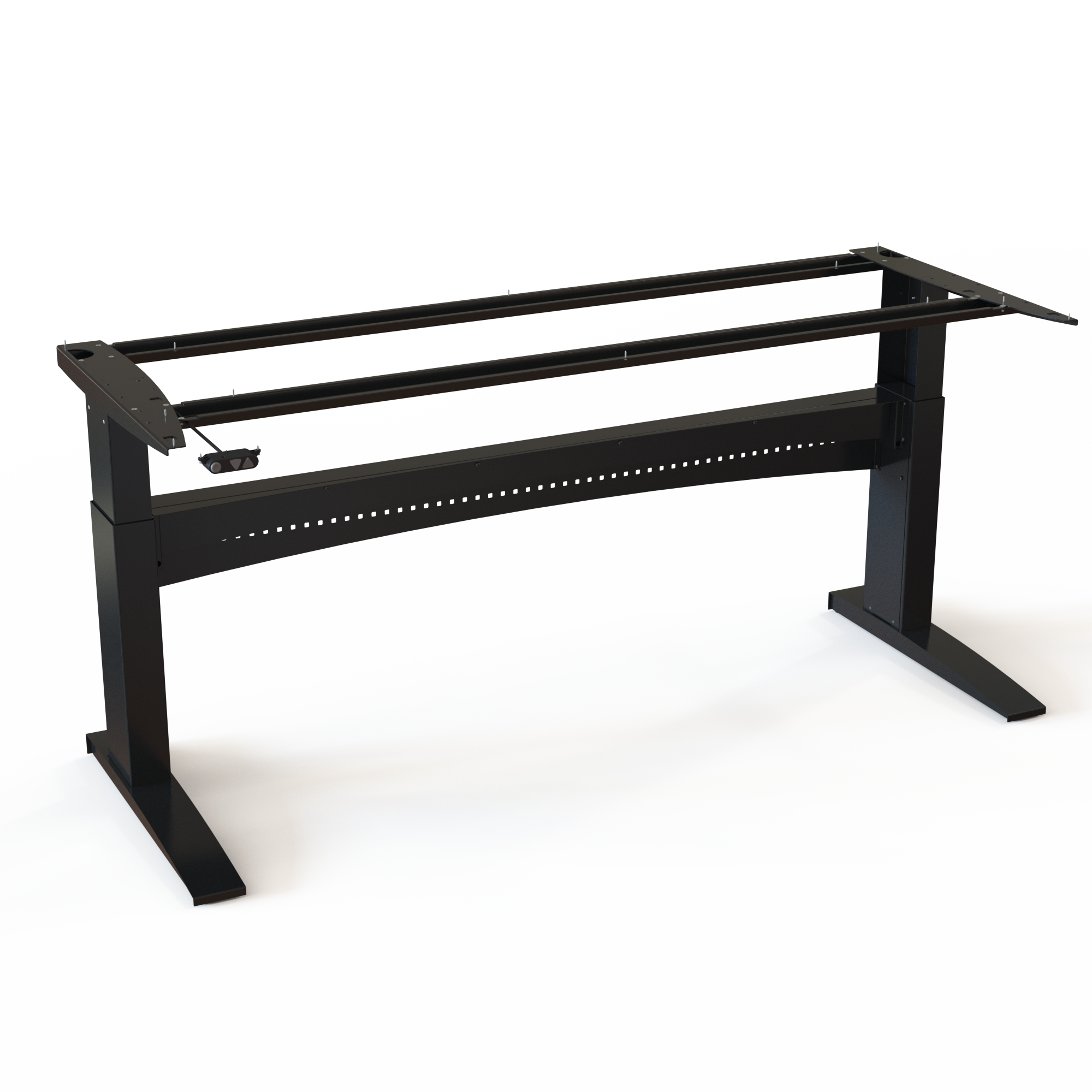 Black 2-Leg Electric Office Desk Base. This large black frame is 196cm wide. Provides smooth electric adjustment between 65-122cm, effortlessly lifting 150kg.