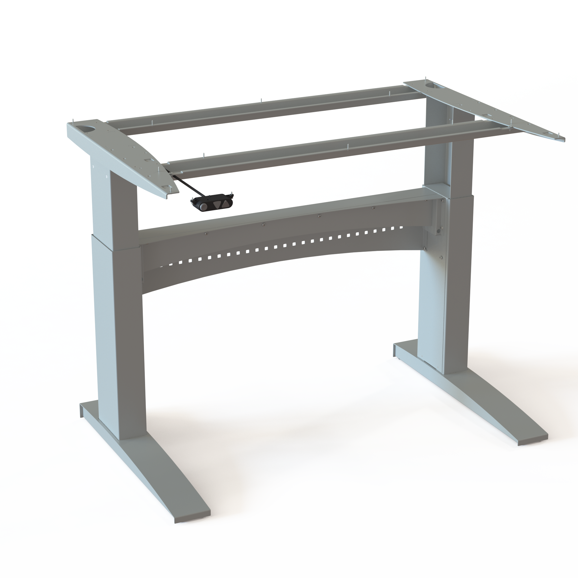 Silver Sit-Stand Frame with 2 Lifting Columns. Painted in silver, with a frame width of 116cm. Offers electric adjustment from 65-122cm, powered by a motor that lifts 150kg.