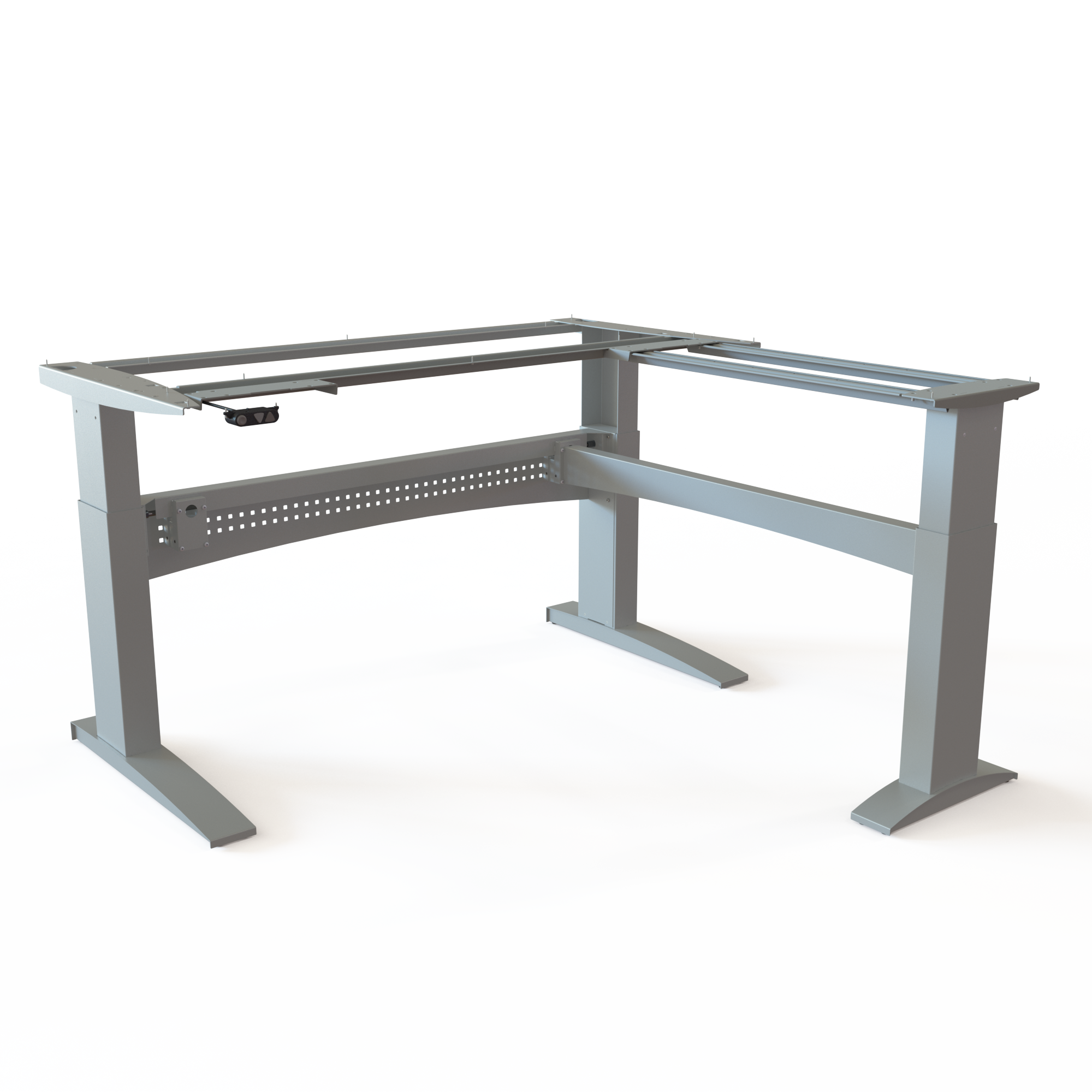 Large Silver Steel Sit-Stand Desk Frame (Corner/L-Shaped). Silver steel, measuring 156x156cm in width. Ergonomic height choice 65-122cm, rated for a load of 150kg.
