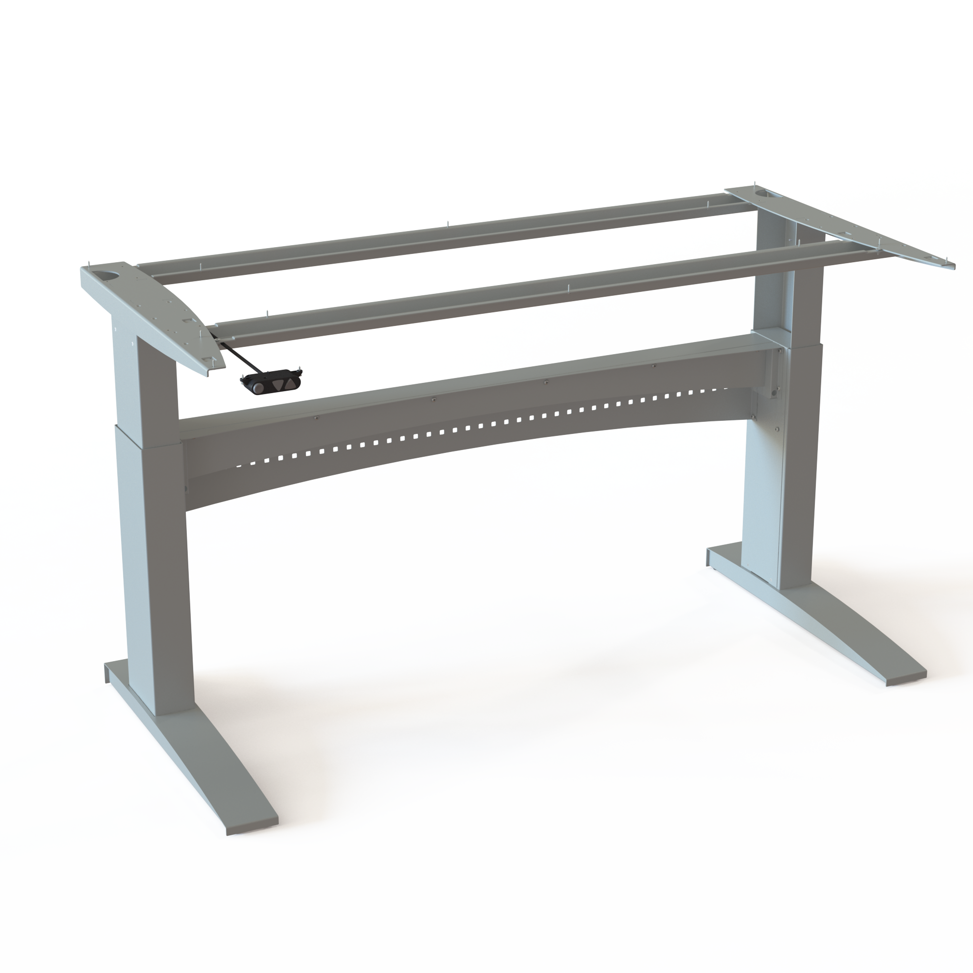 Ergonomic Silver Steel Desk Stand. Constructed from steel and silver powder-coated, size 156cm. Adjustable across the impressive range of 65-122cm, with a dynamic capacity of 150kg.