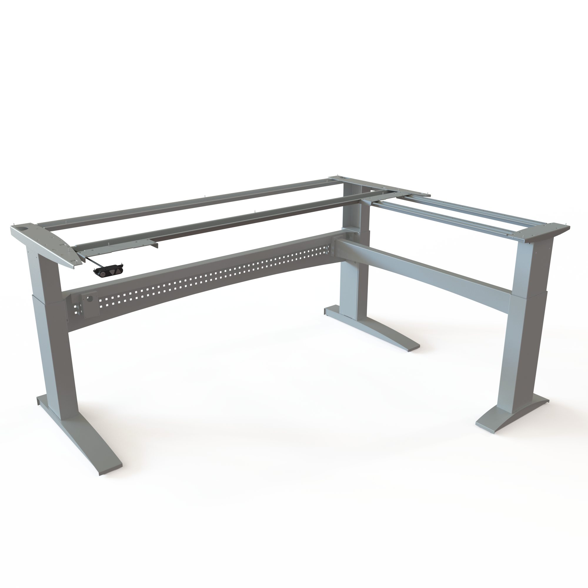 Large Silver Steel Sit-Stand Desk Frame (L-Shaped). Silver steel, width 196x156cm. Electric adjustment between 65-122cm, effortlessly lifting 125kg.