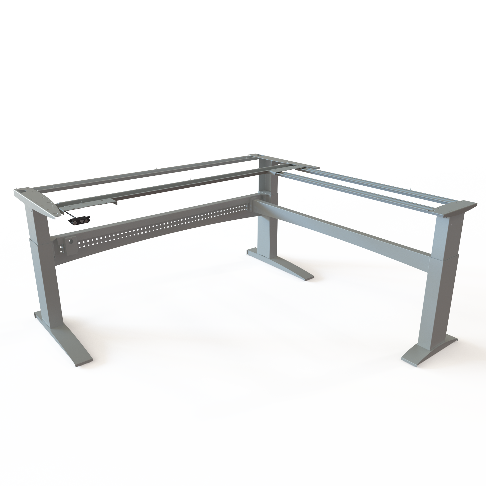Silver 3-Column Sit-Stand Desk Frame (Corner). Silver lacquered, frame width 196x196cm. Stepless desk height adjustment 65-122cm, dynamic load capacity 125kg.