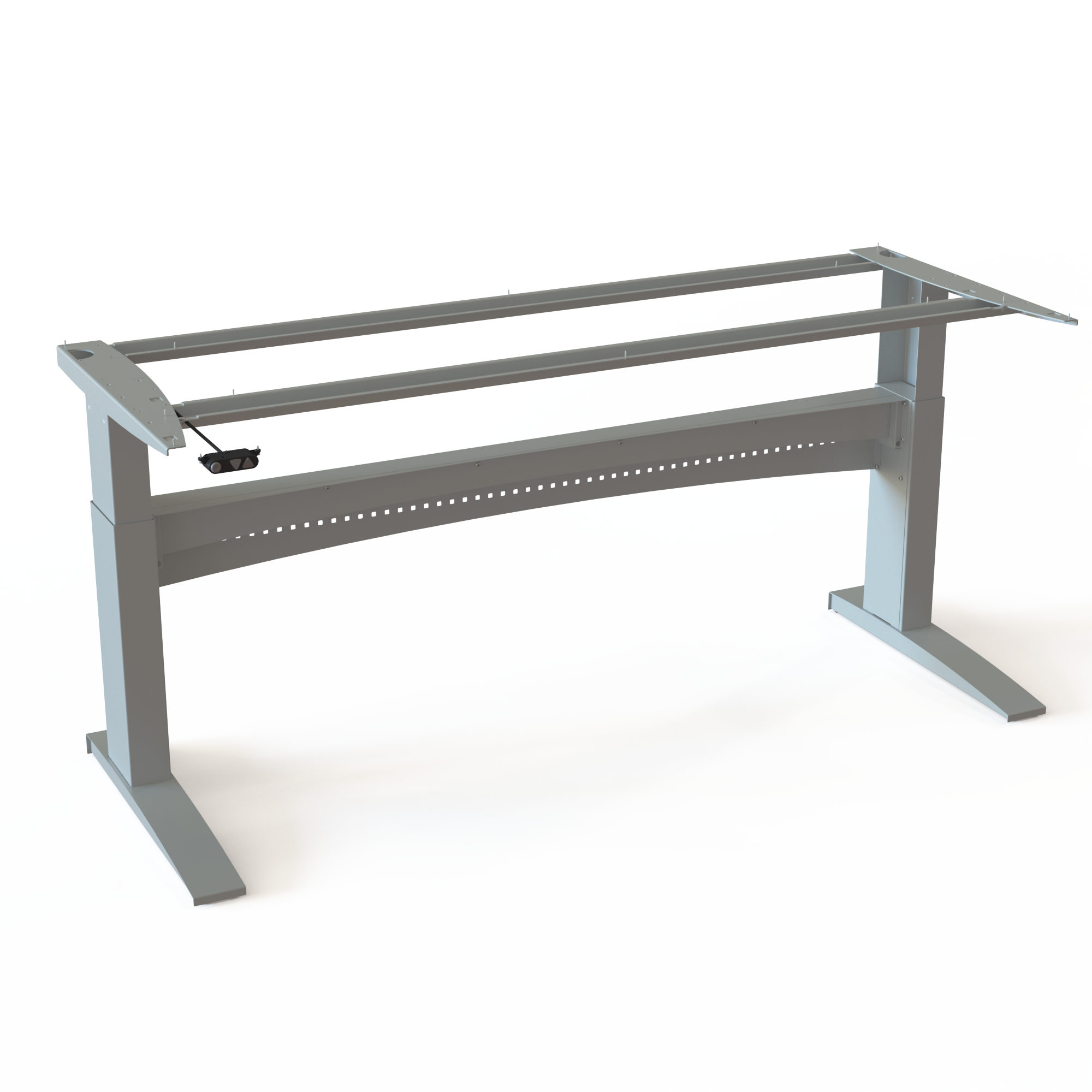 Silver 2-Column Sit-Stand Desk Frame. Made of steel, silver powder-coated. The base measures 196cm in width. Height is 65-122cm, with a total carrying capacity of 150kg.
