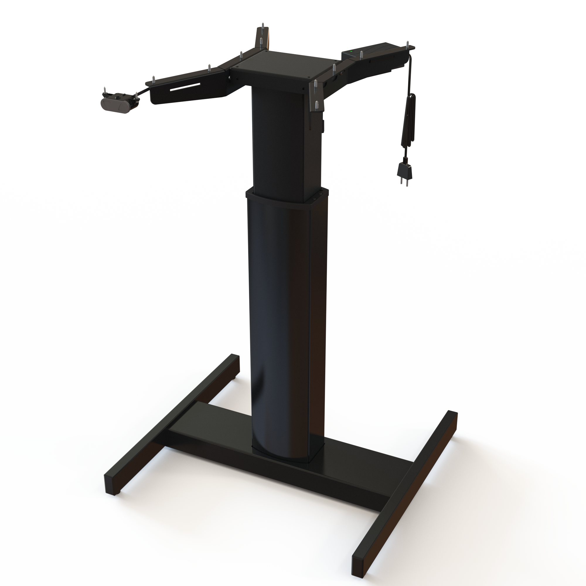 Single-Column Electric Desk Frame, Black Powder Coated. This compact base measures 60cm in width. Offers an ergonomic height adjustment range of 68-120cm, with a reliable motor lifting up to 80kg.