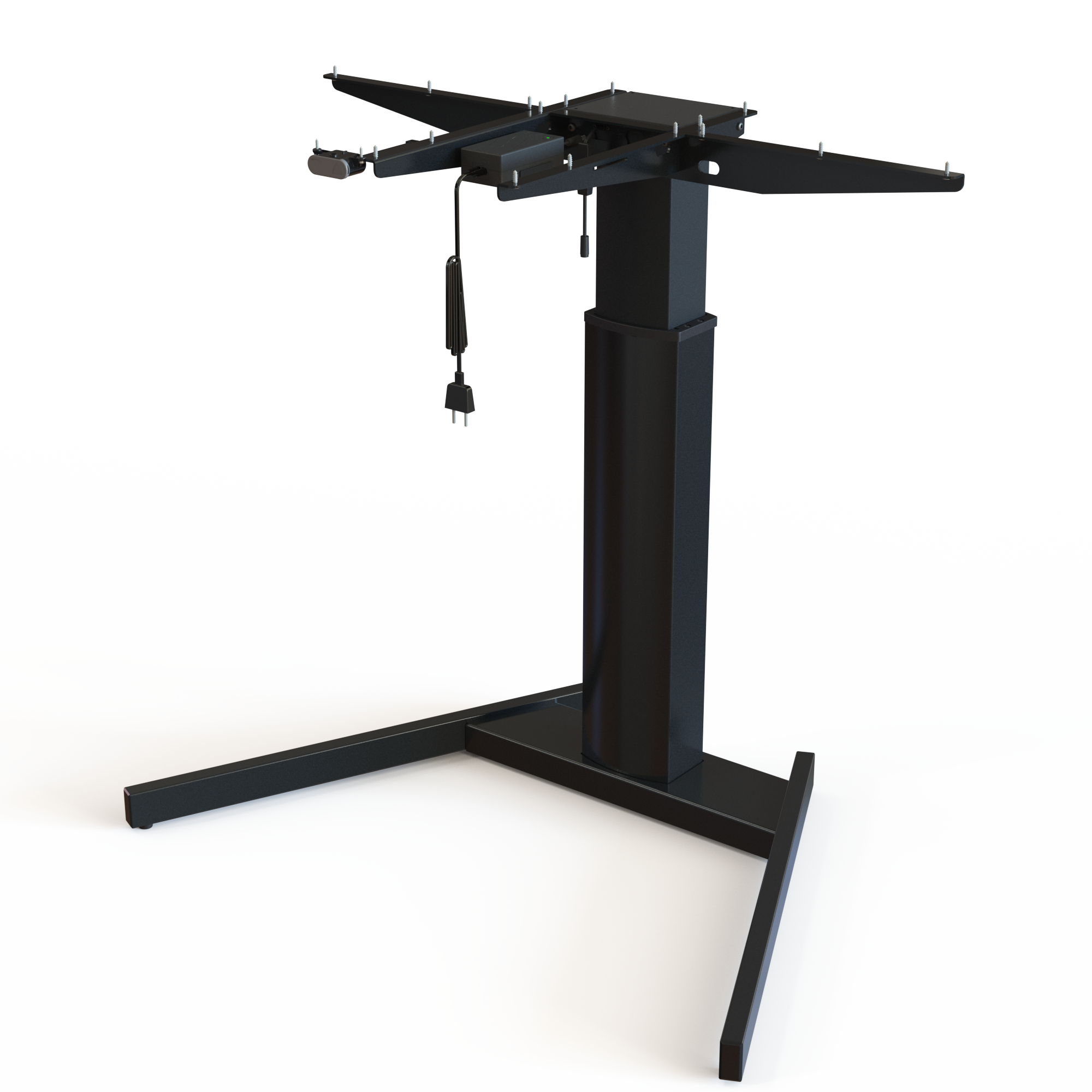 Height-Adjustable Single Column Base, Black Finish. The strong underframe is 95cm wide. Easily adjusts between 68-120cm and provides an effortless lift capacity of 80kg.
