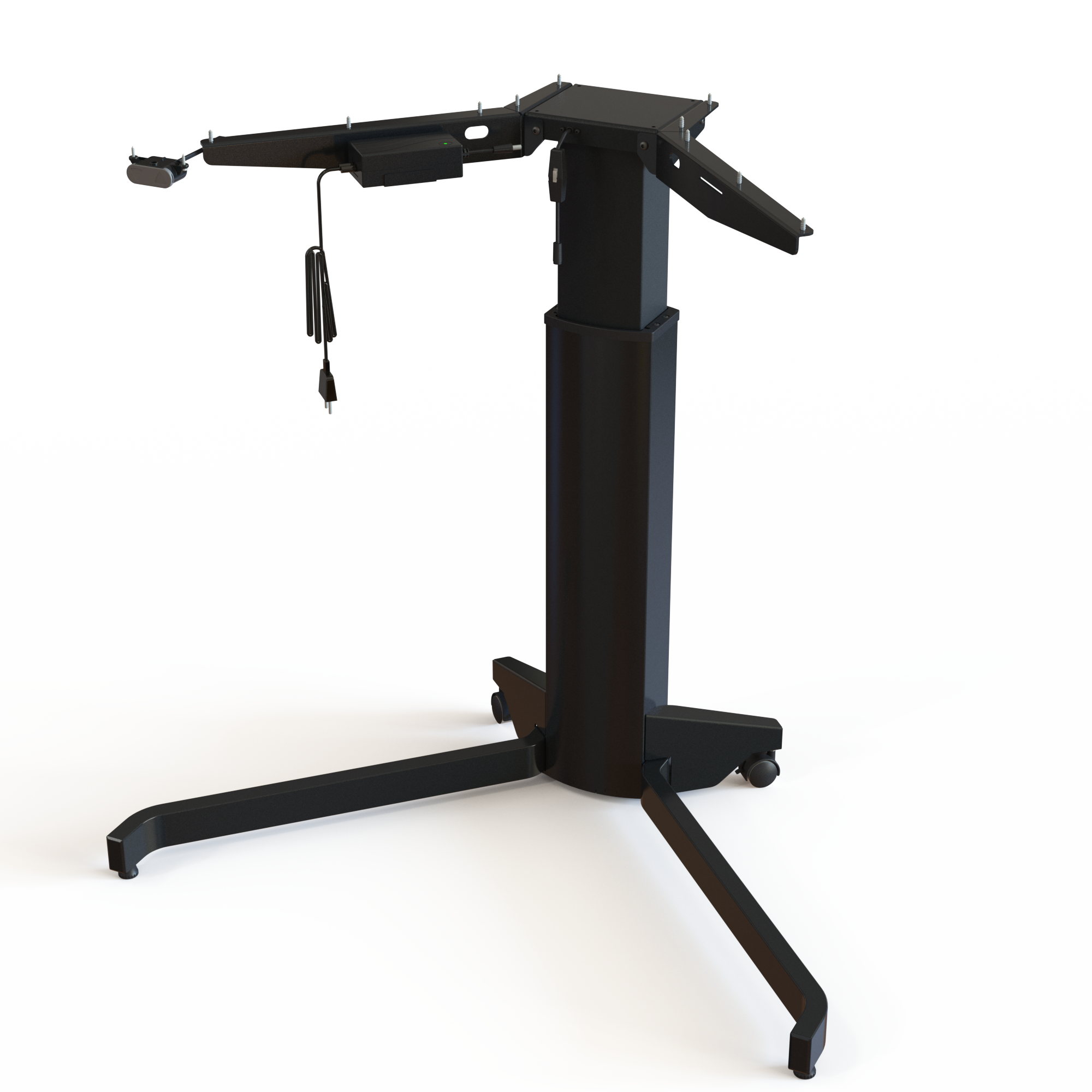 Black Single-Leg Sit-Stand Frame. Featuring a durable, powder-coated finish and a width of 117cm. Enjoy seamless height adjustment from 68-120cm and a substantial lifting capacity of 80kg.