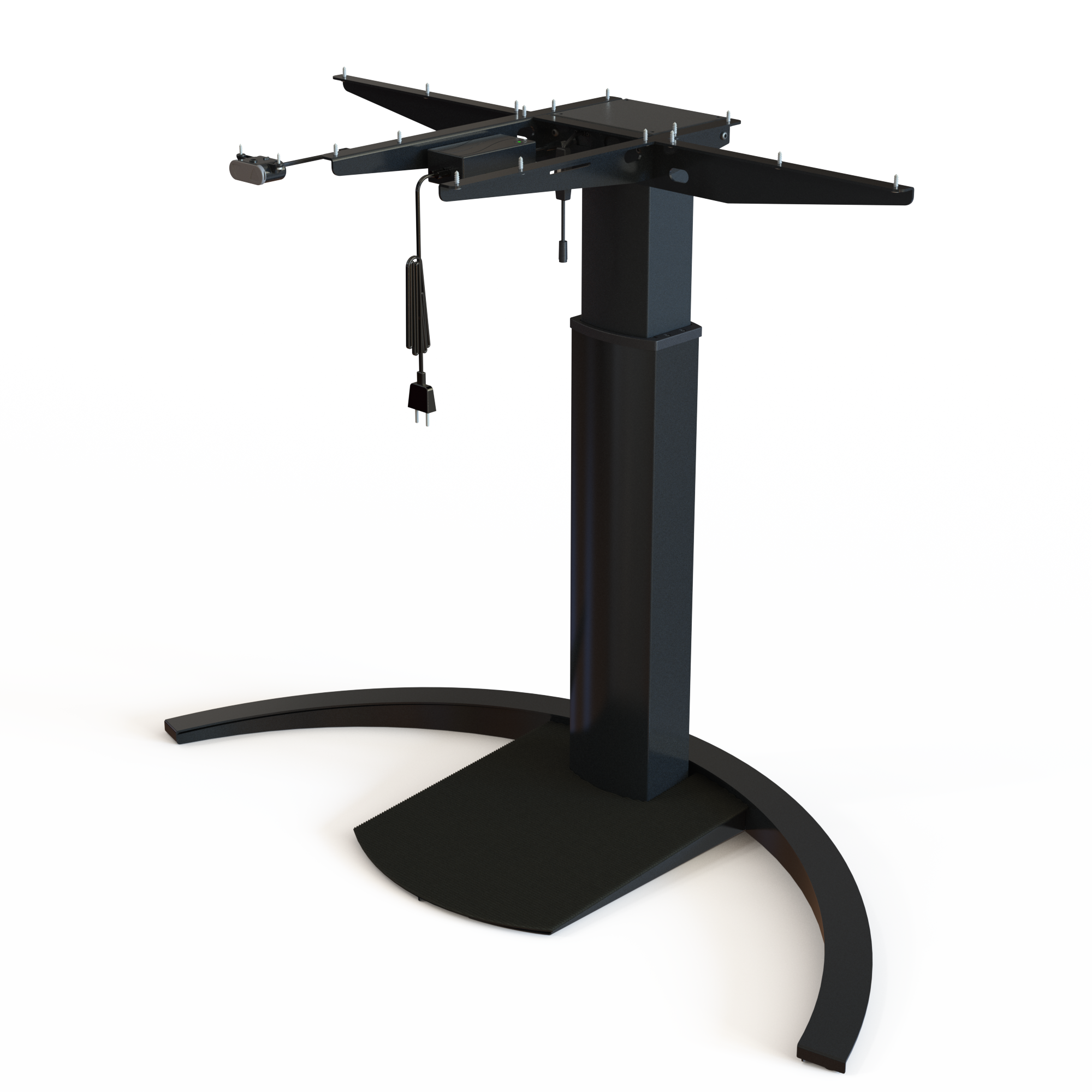 Single-Column Electric Lift Desk Base, Black. This robust black frame has a width of 120cm. The height range is 68-120cm, supporting a maximum load/carrying capacity of 80kg.