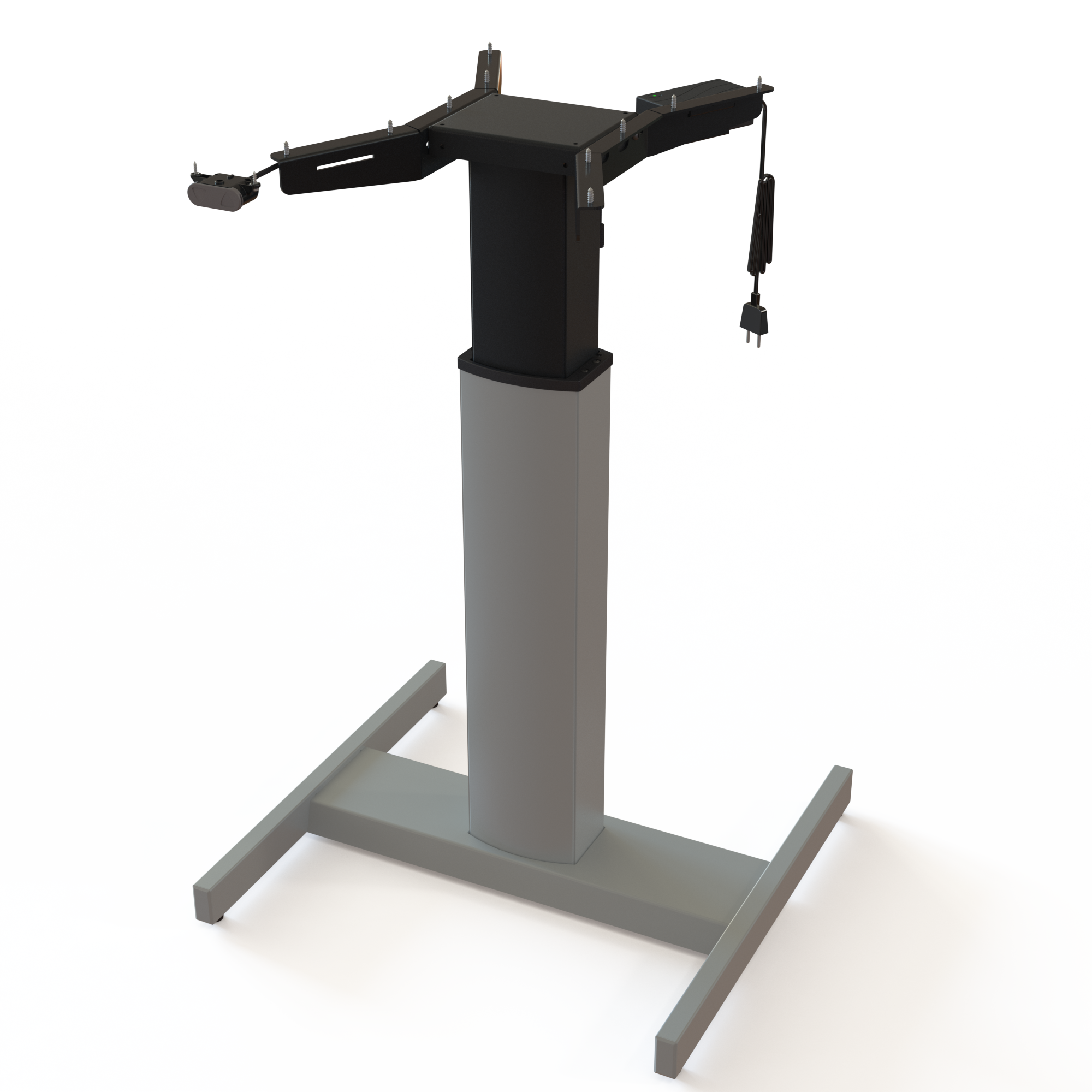Silver Single-Post Base for Mobile Desks. Perfect for small rolling desks, with a frame width of 60cm. Height adjustable from 68-120cm with a dynamic load capacity of 80kg.