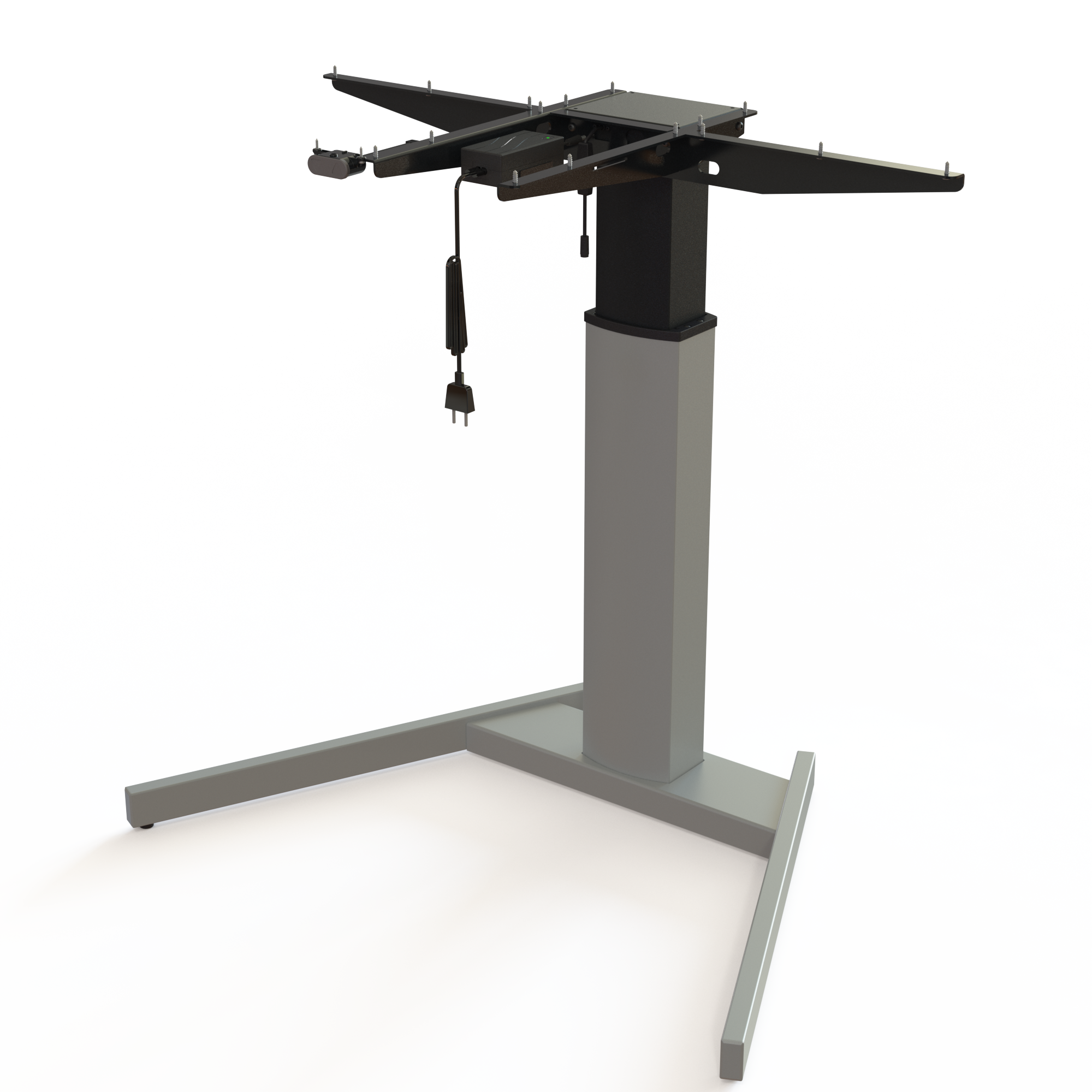 Silver Sit-Stand Column on Base. Powder-coated silver, this frame is 95cm wide. Easily adjustable through the height span of 68-120cm, offering a dynamic carrying capacity of 80kg.
