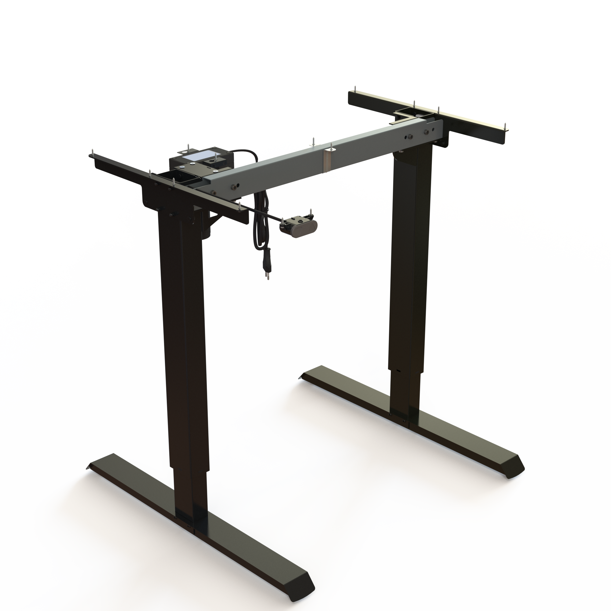Black Electric Desk Base, Steel Construction. Built from steel and powder-coated black. Width: 72cm. Ergonomically adjusts in height between 68-119cm, with a dynamic load capacity of 60kg.