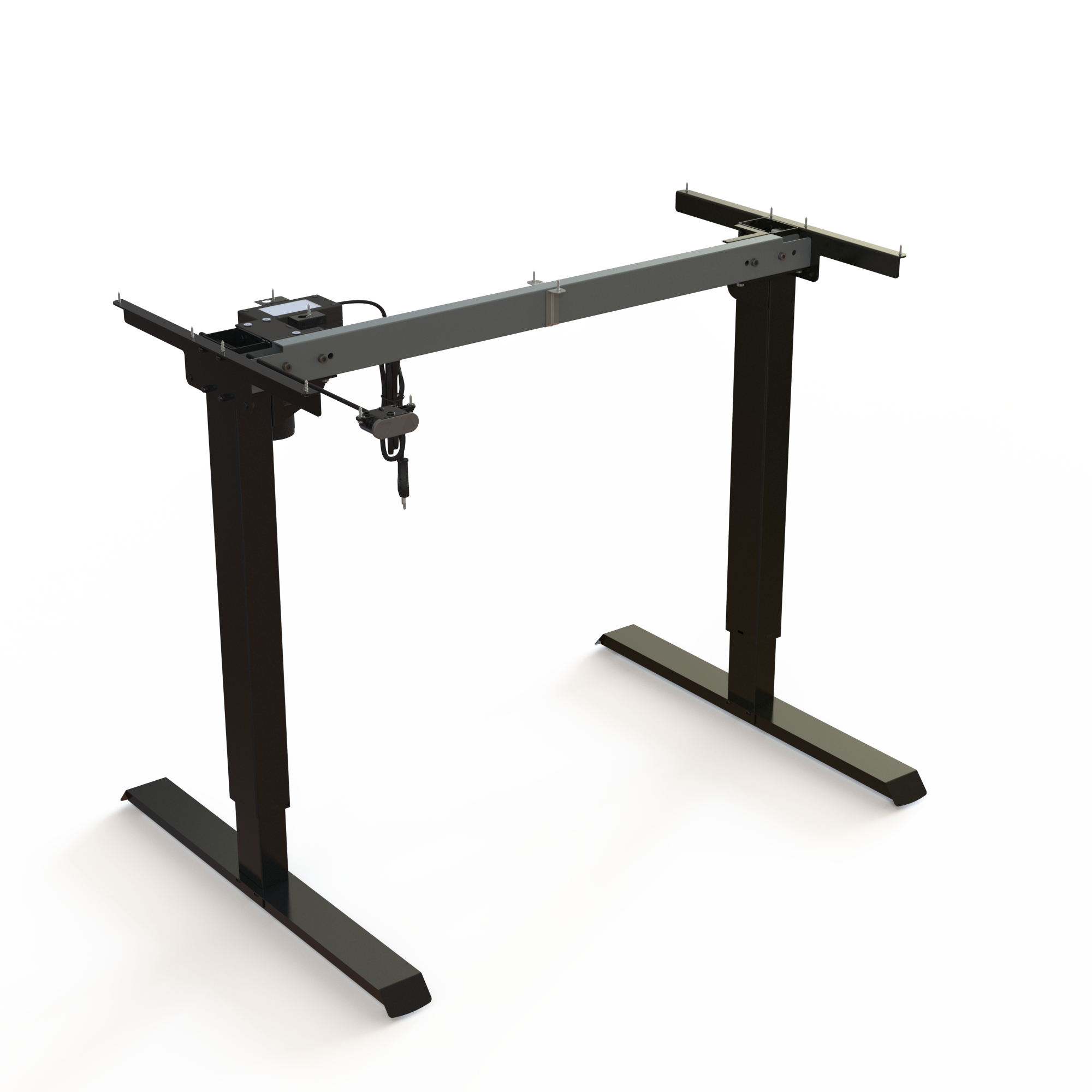 Ergonomic Black Steel Desk Stand. Frame width is 92cm. Features electric adjustment between 68-119cm and can be loaded with up to 60kg.