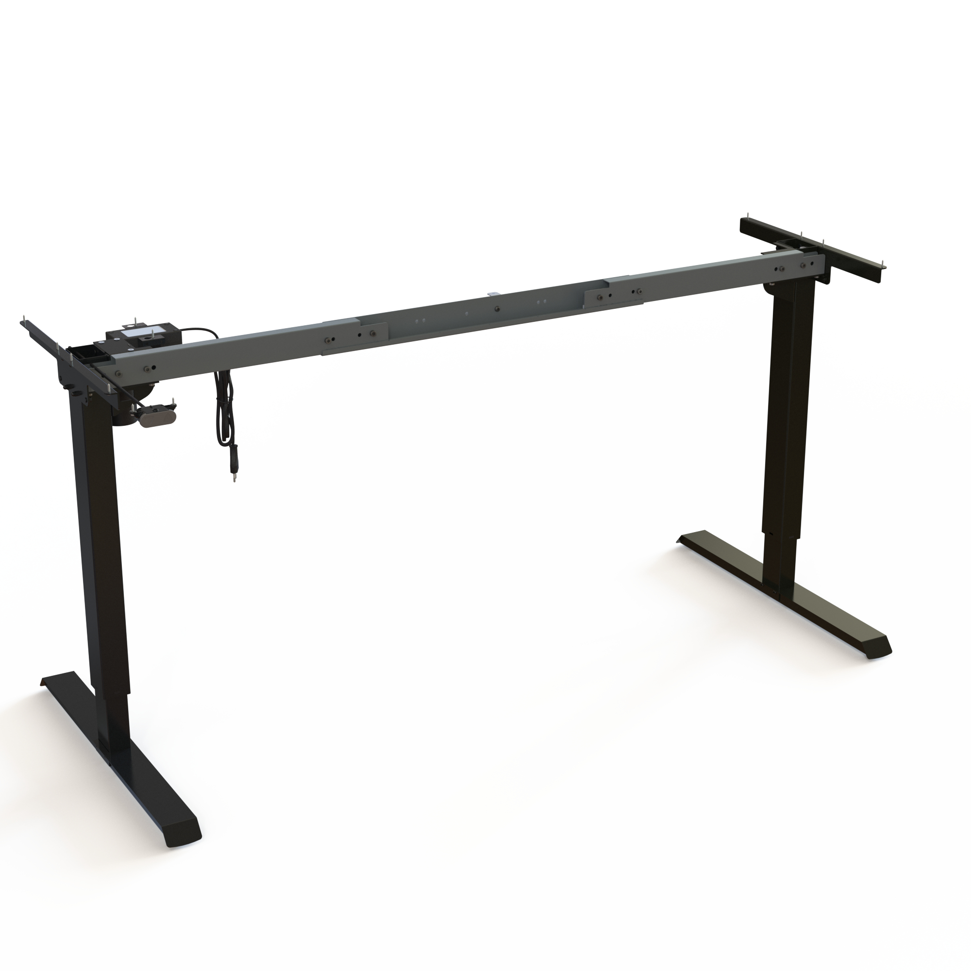 Black Electric Desk Frame (Adjustable Width). Black lacquered. Width adjustable between 112 and 152cm. Height is 68-119cm, with a carrying capacity of 60kg.