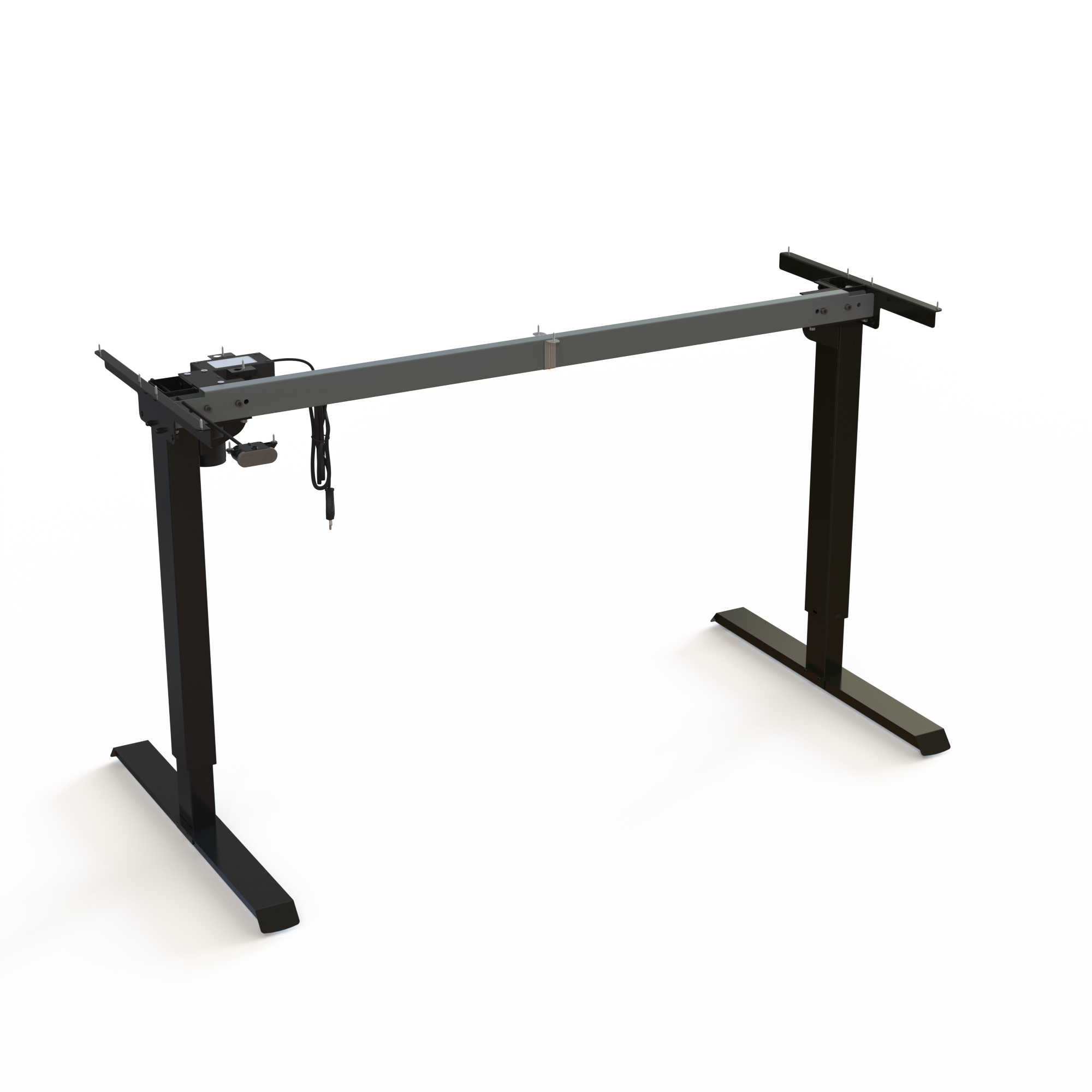 Black 2-Lifting Column Sit-Stand Desk Frame. Black lacquered frame with a width of 129cm. Height range is 68-119cm, providing a total lifting capacity of 60kg.