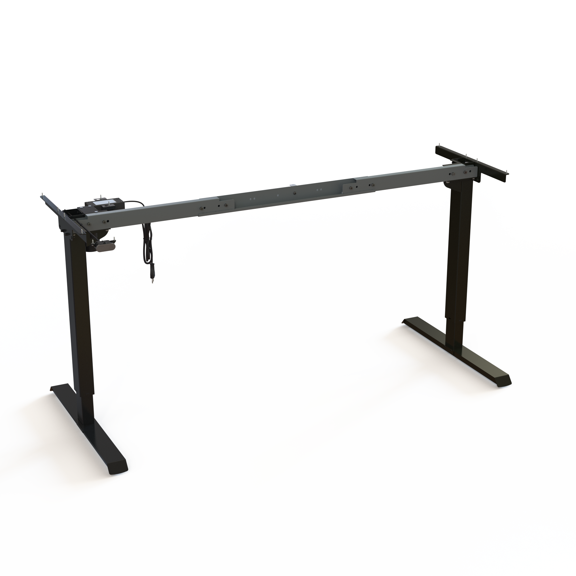 Black Sit-Stand Office Desk Base (Variable Width). Black lacquered. Width adjustable between 132 and 172cm. Electric adjustment between 68-119cm, rated for a load of 60kg.