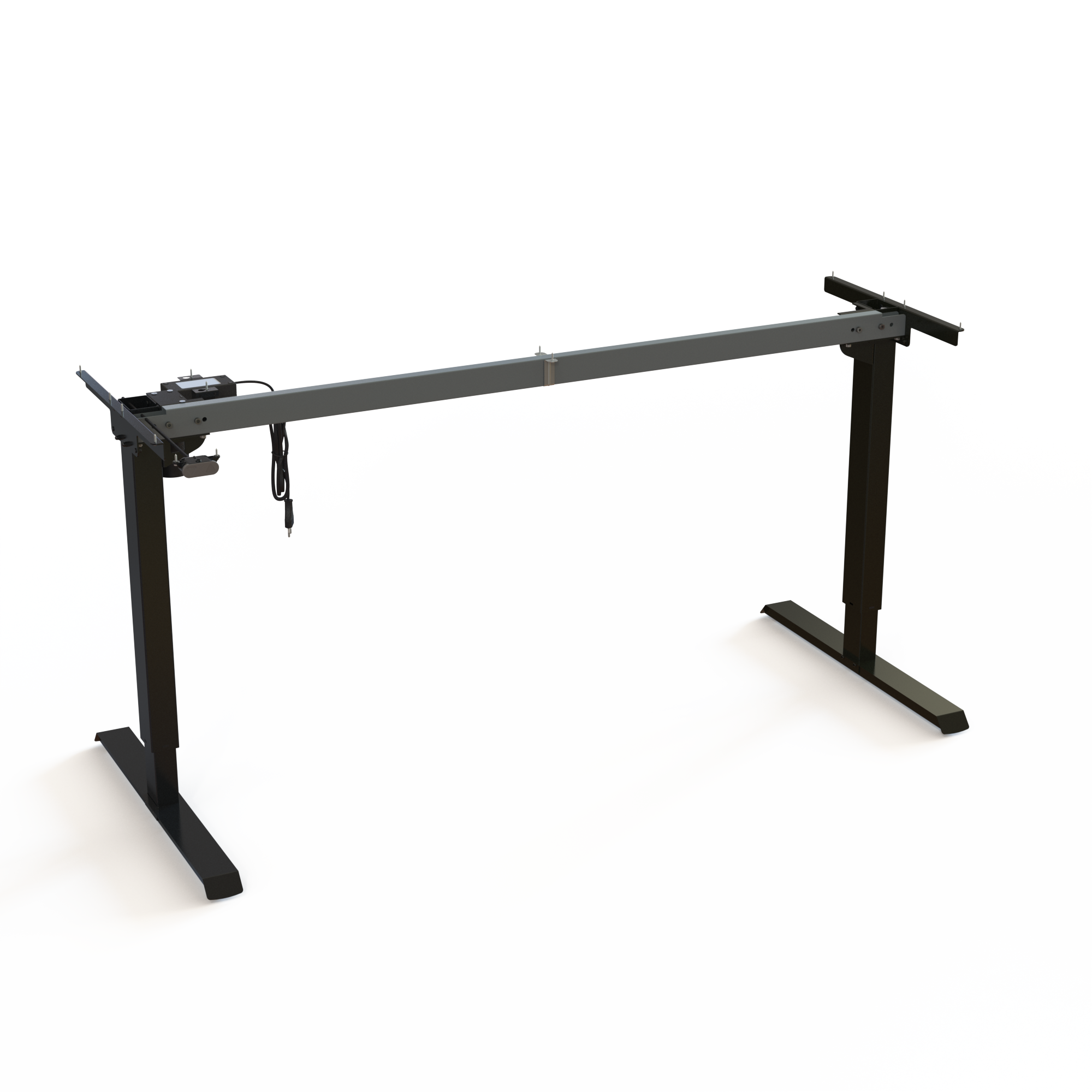 Black Steel 2-Column Sit-Stand Desk Frame. Made of steel, black powder-coated. Base width 152cm. Ergonomic height choice between 68-119cm, with a lifting capacity of 60kg.