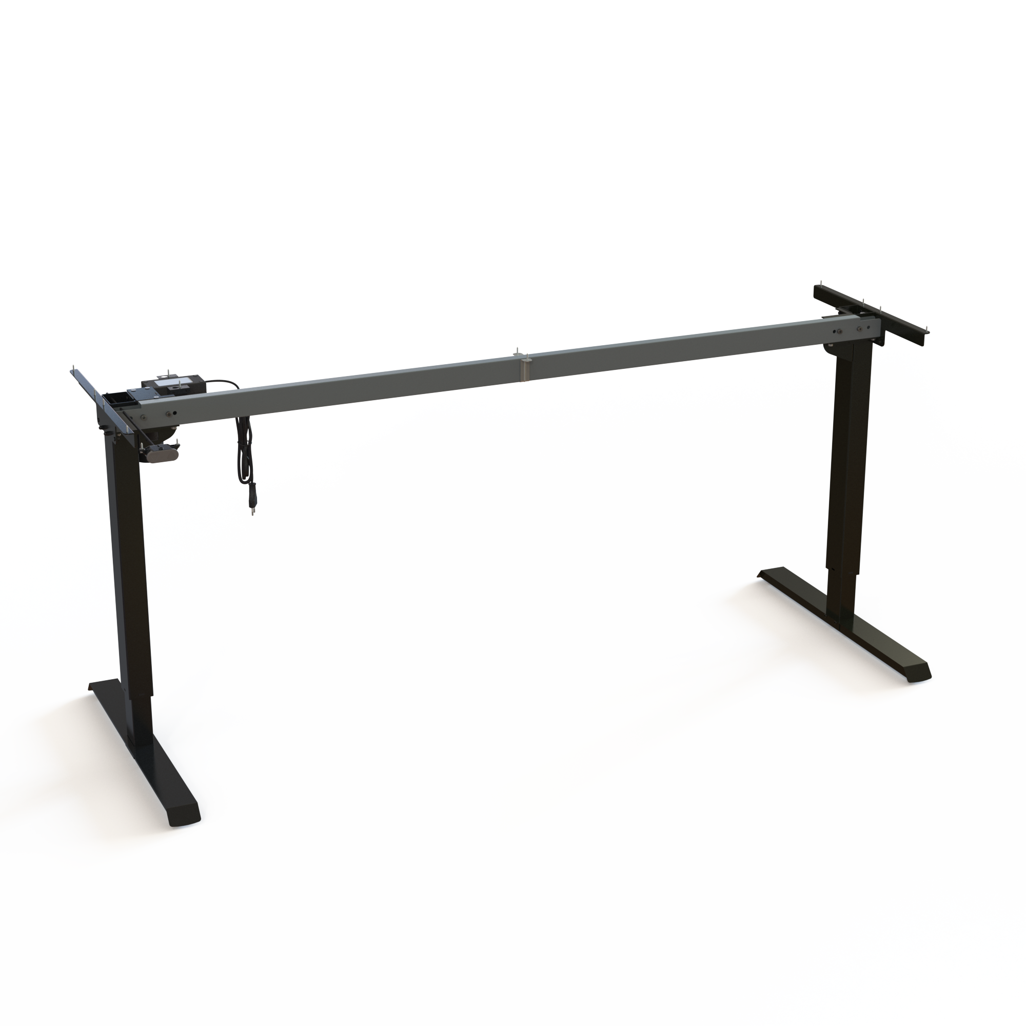 Black Sit-Stand Desk Base with Powder-Coated Frame. 172cm wide frame. Offers stepless desk height adjustment from 68-119cm and a dynamic load capacity of 60kg.