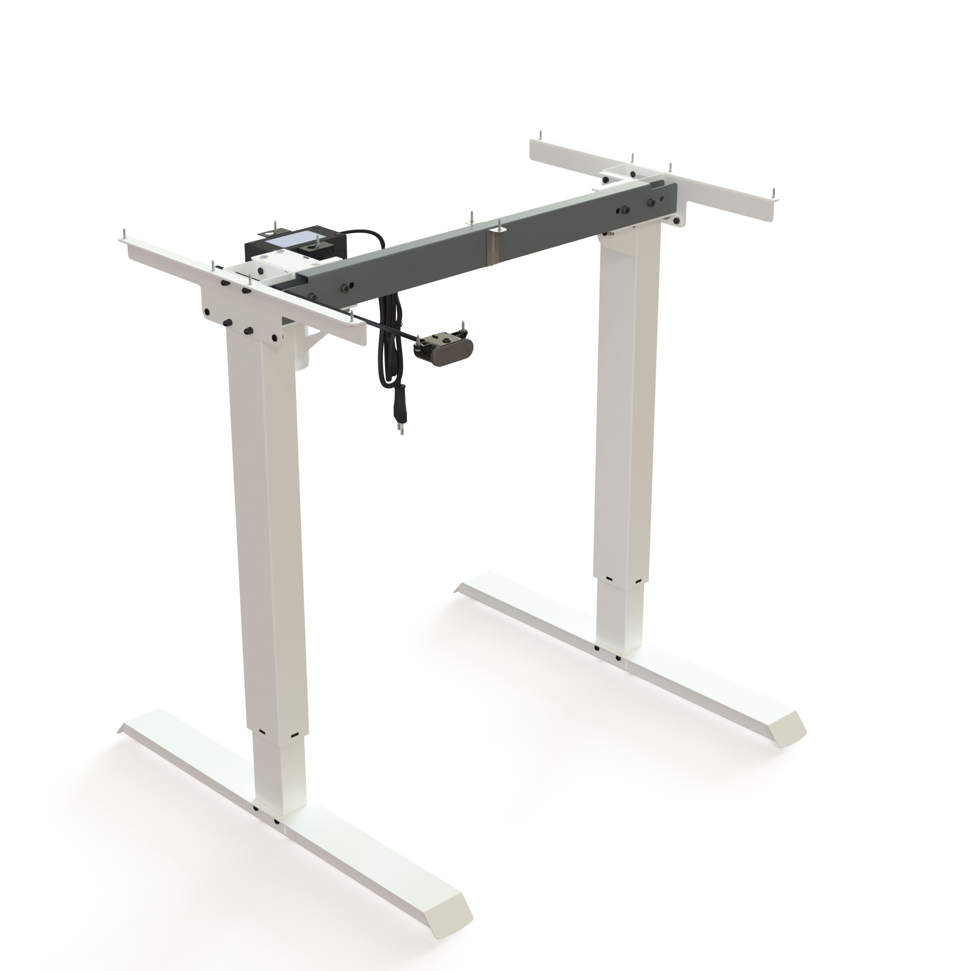 White Sit-Stand Office Desk Base. White powder-coated frame, width 72cm. Height is adjustable from 68-119cm, with a dynamic capacity of 60kg.