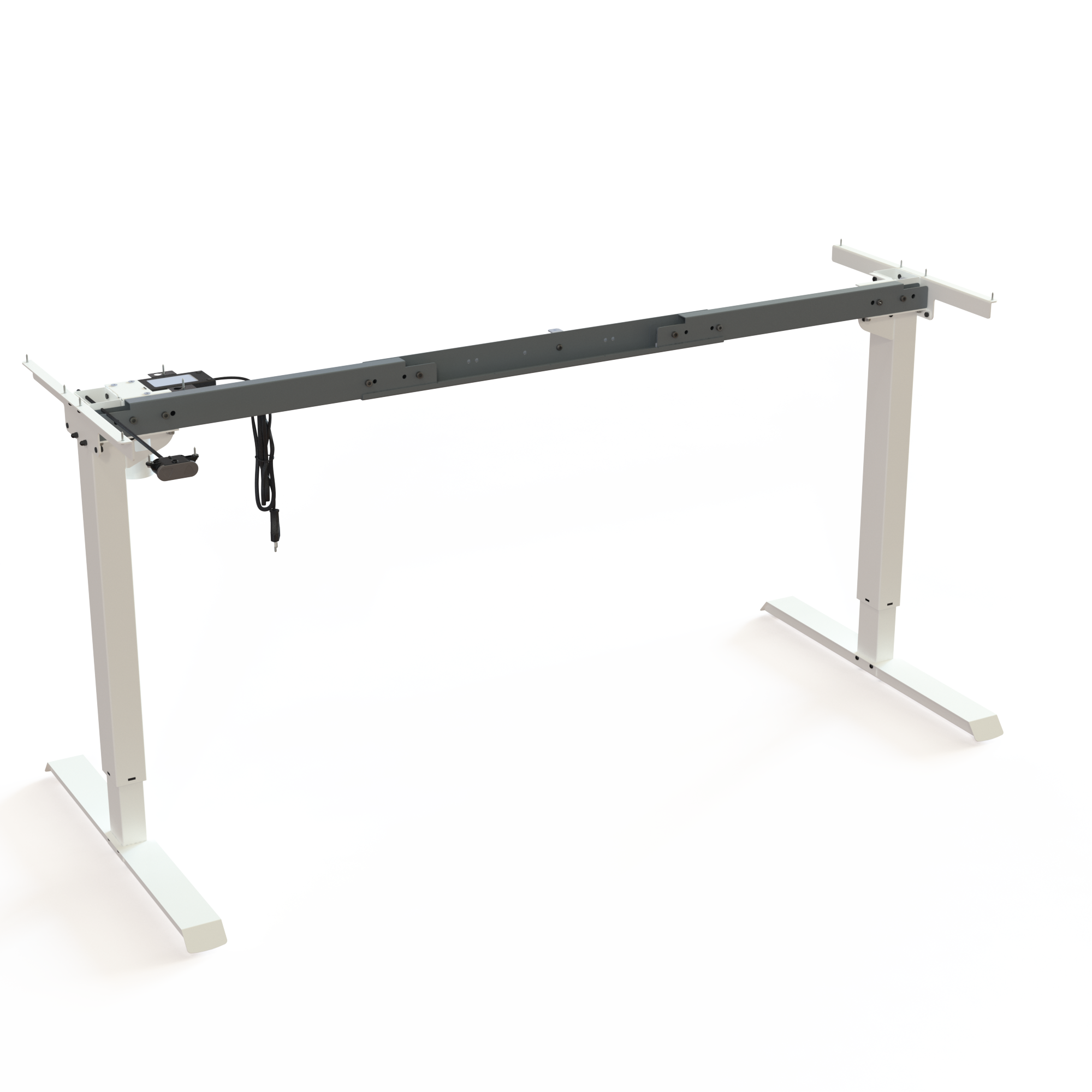 White Adjustable 2-Leg Base (Flexible Width). White lacquered. Width is flexible between 112 and 152cm. Adjustable in the interval 68-119cm, and the motor lifts 60kg.