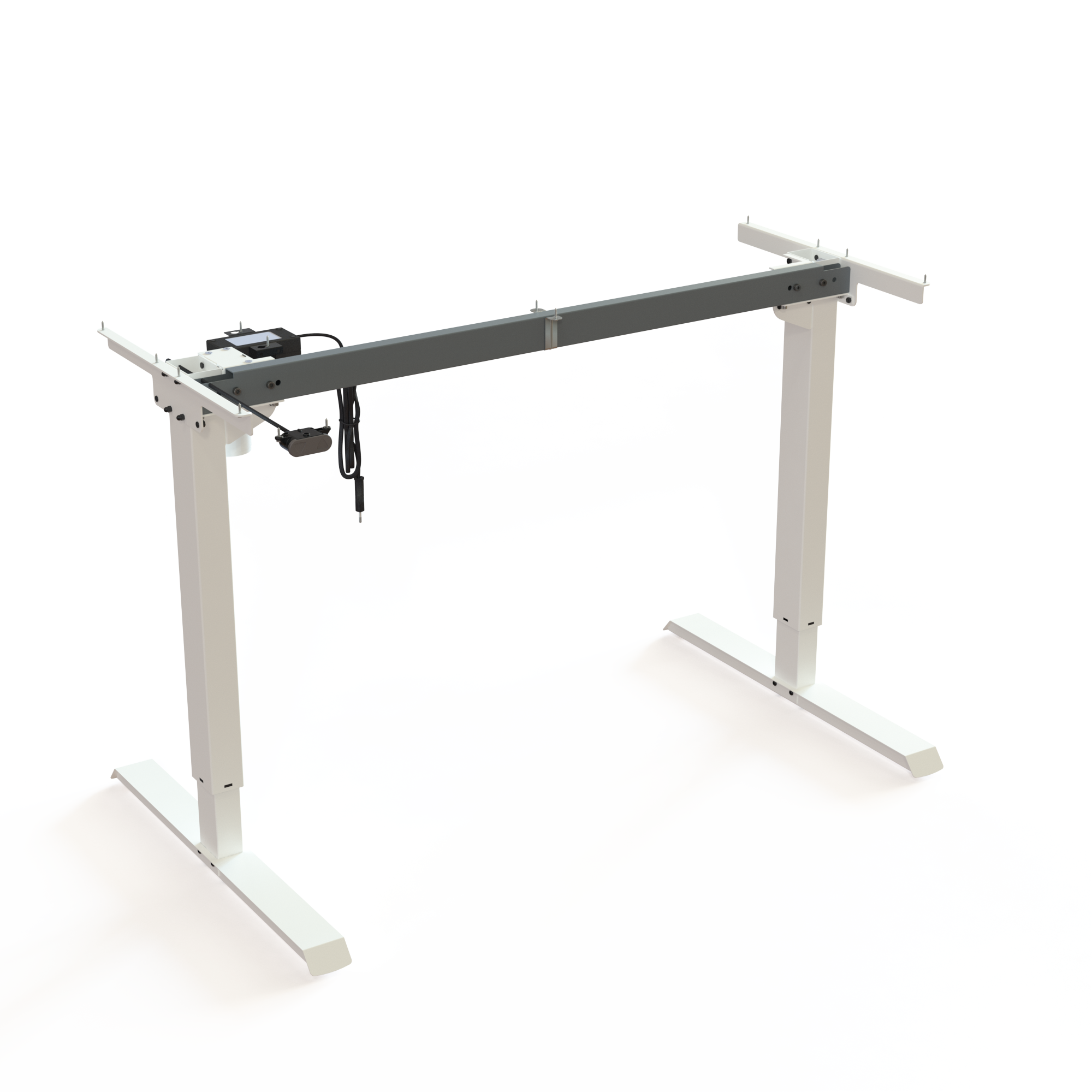 White 2-Lifting Column Sit-Stand Frame. White powder-coated frame, size 112cm. Can be set in the interval of 68-119cm, with a total carrying capacity of 60kg.