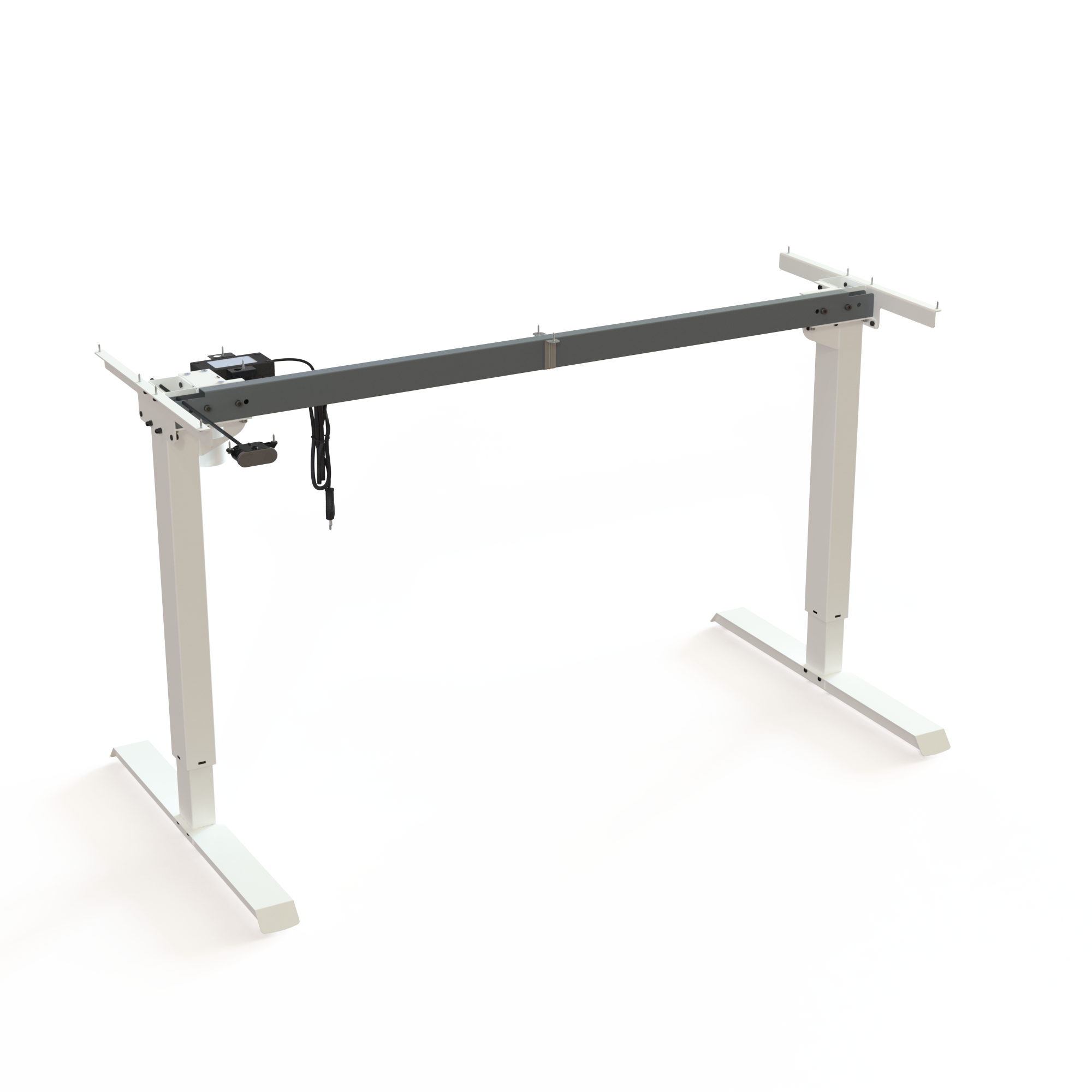White 2-Column Sit-Stand Desk Frame. Powder-coated white, frame width 129cm. Ergonomic height adjustment between 68-119cm and a lifting capacity of 60kg.