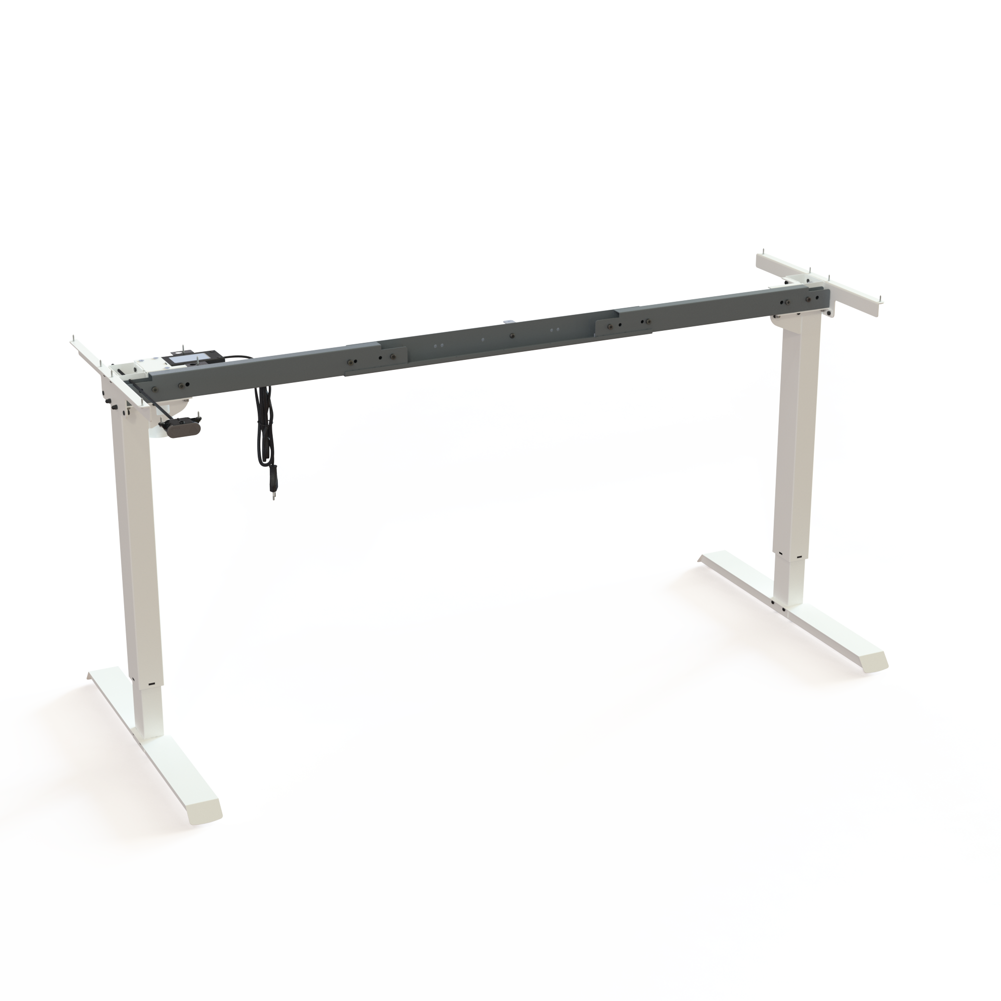 White Steel Sit-Stand Office Desk Base (Variable Width). White powder-coated steel. Variable width between 132 and 172cm. Operates in the range 68-119cm, with a lifting capacity of 60kg.