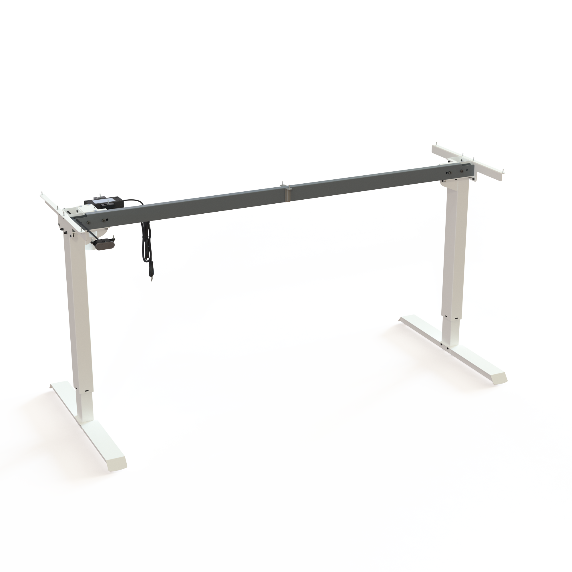 White 2-Lifting Column Sit-Stand Frame. White powder-coated, width 152cm. Operates in the range of 68-119cm, with the frame lifting 60kg.