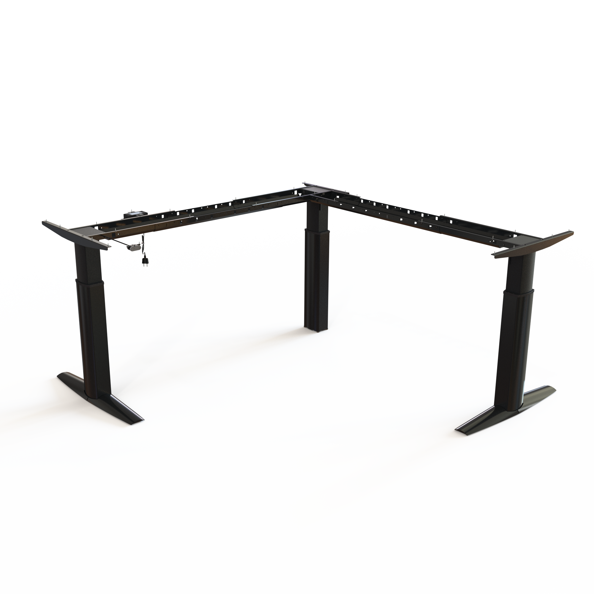 Large Black Steel Sit-Stand Desk Frame (Corner). Steel, black powder-coated, frame width 192x192cm. Electric adjustment between 68-120cm, and the motor lifts 175kg.
