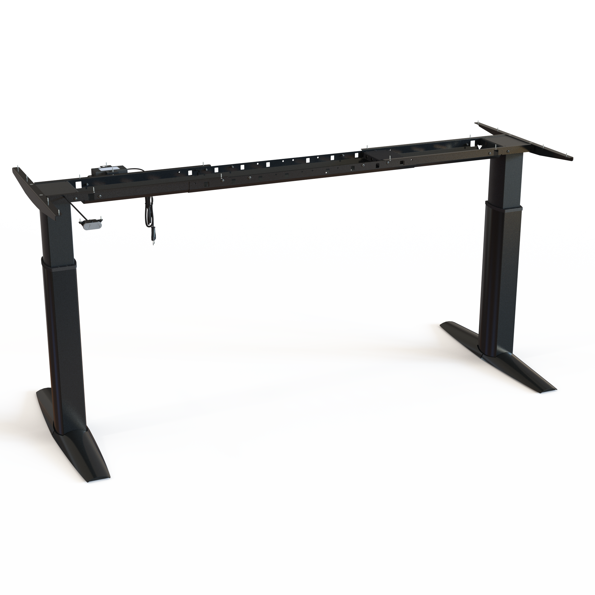 Black 2-Column Sit-Stand Frame (Multi-Width). Black lacquered. Multiple widths mountable between 112 and 152cm. Operates in the range 68-118cm, effortlessly lifting 80kg.