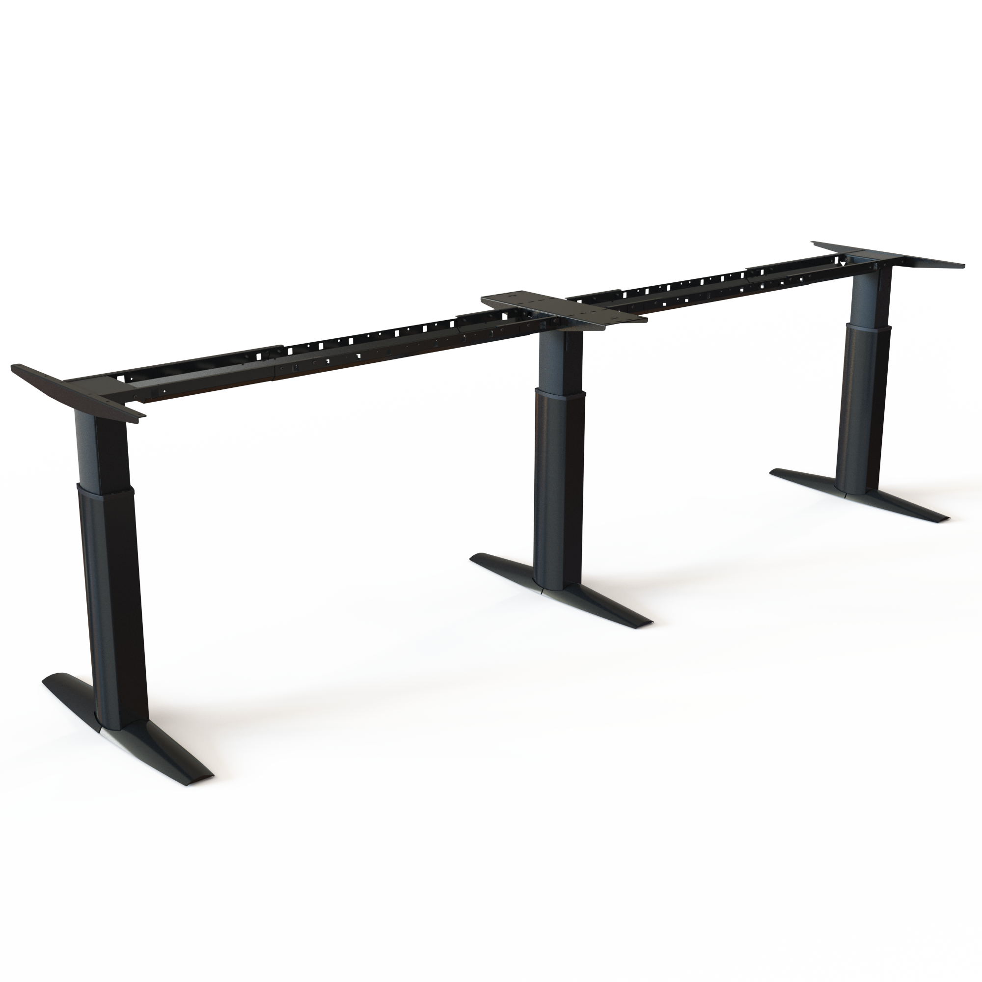 Black 3-Leg In-Line Desk Base. Painted black. Width 400cm. Adjusts in the height span 68-120cm, with a carrying capacity of 175kg.