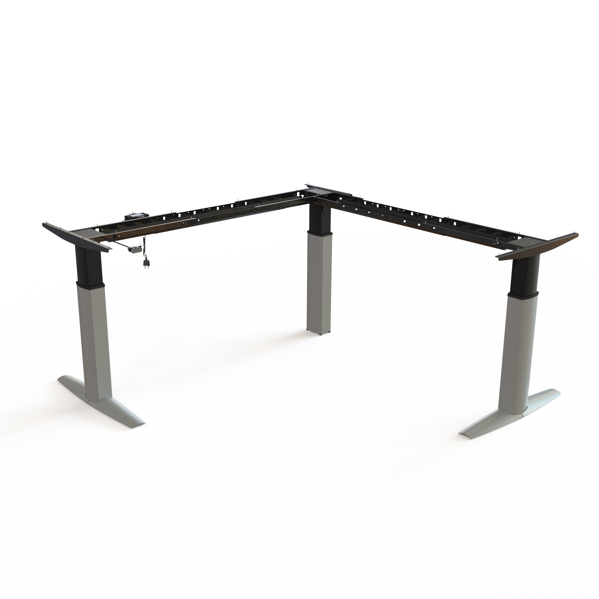 Large Silver Steel Sit-Stand Desk Frame (Corner). Steel, silver powder-coated, base width 192x192cm. Height is 68-120cm, effortlessly lifting 175kg.