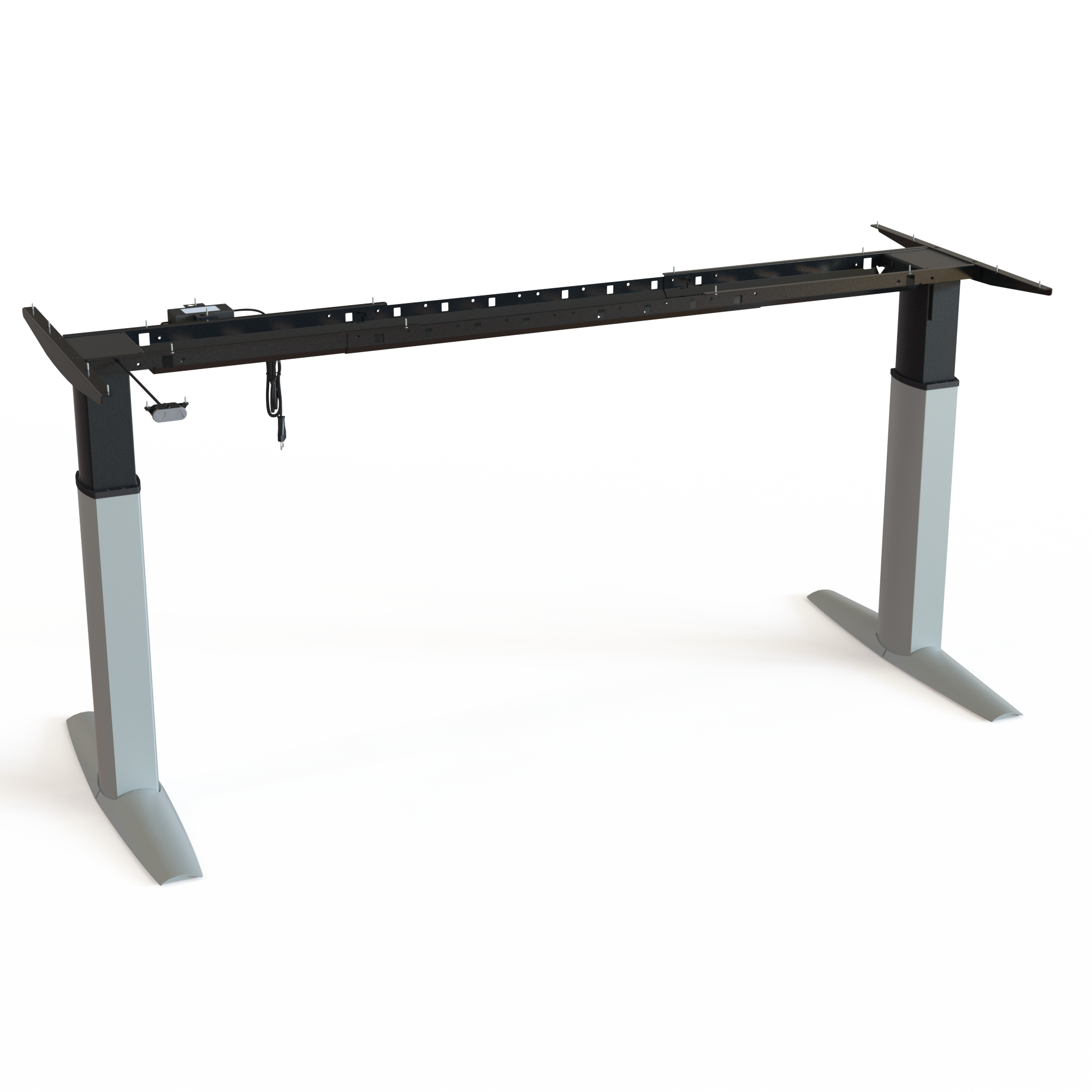 Black Steel Electric Desk Base (Multi-Width). Black steel. Multiple widths mountable between 132 and 172cm. Adjusts in the height span 68-118cm, with a lifting capacity of 80kg.
