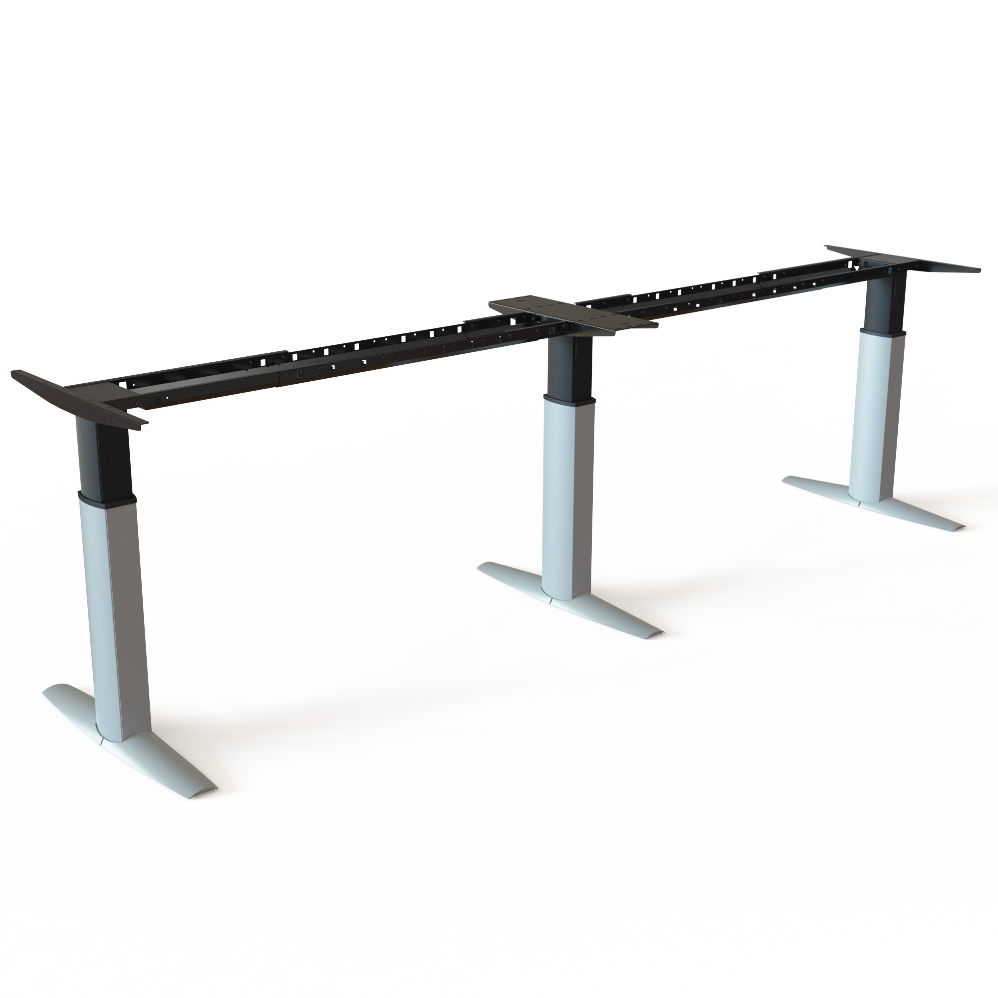 Aluminium 3-Column Sit-Stand Frame. Aluminium-coloured powder-coated frame. Frame width 400cm. Height is 68-120cm, dynamic load capacity 175kg.