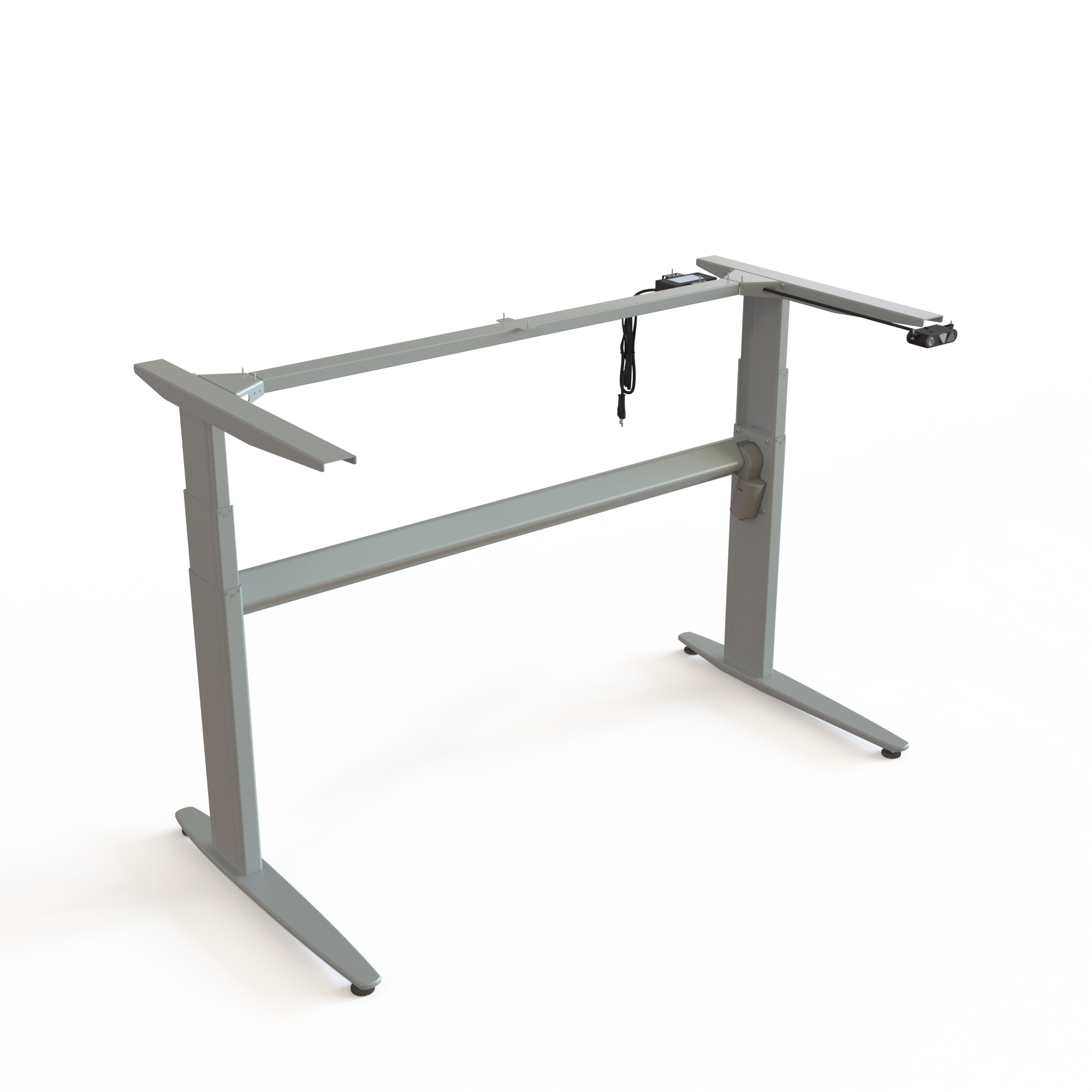 Ergonomic Black Steel Desk Stand. Frame width is 92cm. Features electric adjustment between 68-119cm and can be loaded with up to 60kg.
