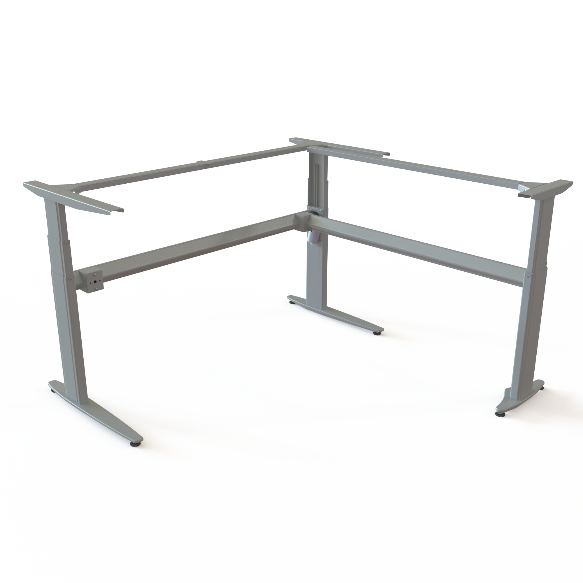 Silver 3-Column Corner Sit-Stand Base. Silver powder-coated frame, frame width 152x152cm. Stepless desk height adjustment 68-120cm, with a carrying capacity of 120kg.