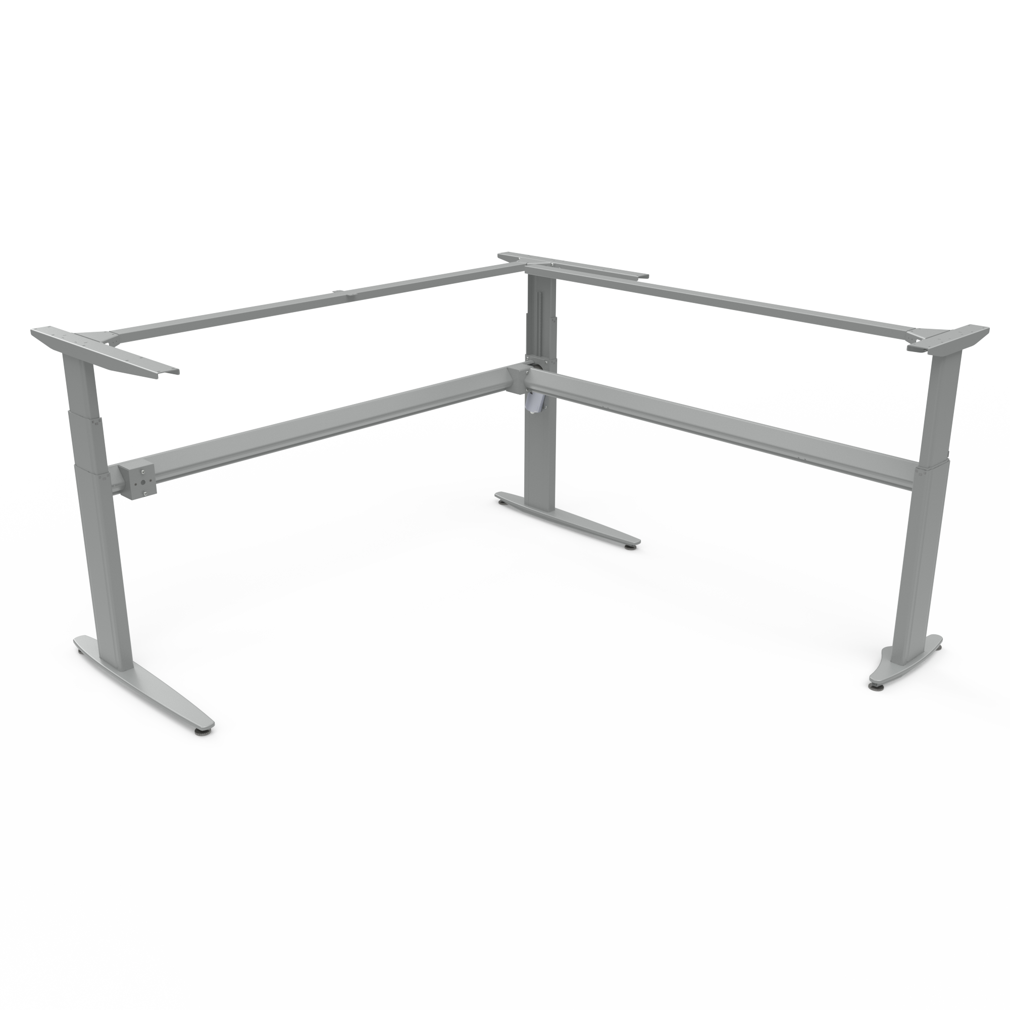 Silver 3-Column Sit-Stand Desk Frame (Corner). Silver powder-coated frame, frame width 172x172cm. Operates in the range 68-120cm, rated for a load of 120kg.