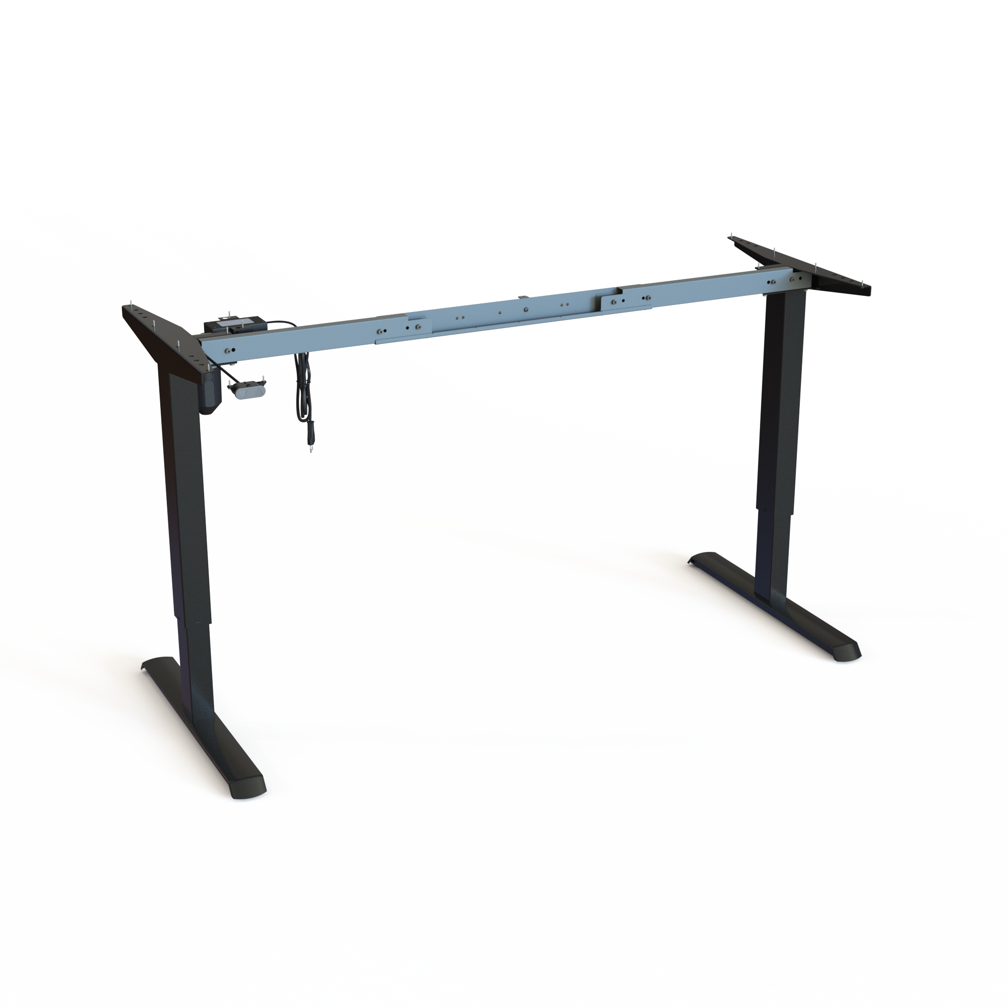 Silver Height-Adjustable Work Desk Frame (Variable Width). Silver powder-coated frame. Variable width between 112 and 152cm. Height is 68-118cm, effortlessly lifting 80kg.