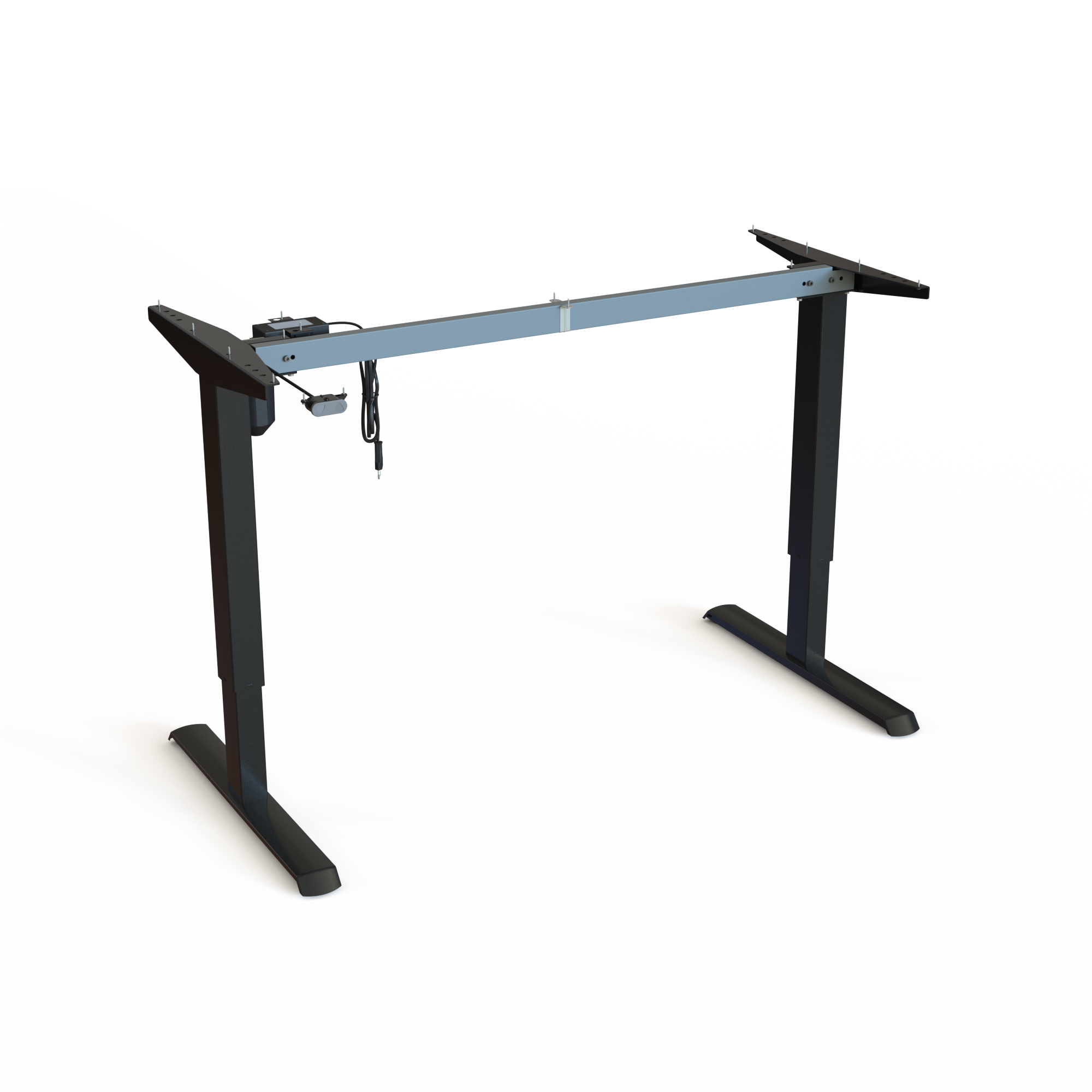 Black Sit/Stand Office Desk Base. Powder-coated black frame, measuring 129cm in width. Height is 68-118cm, with an effortless lifting capacity of 80kg.