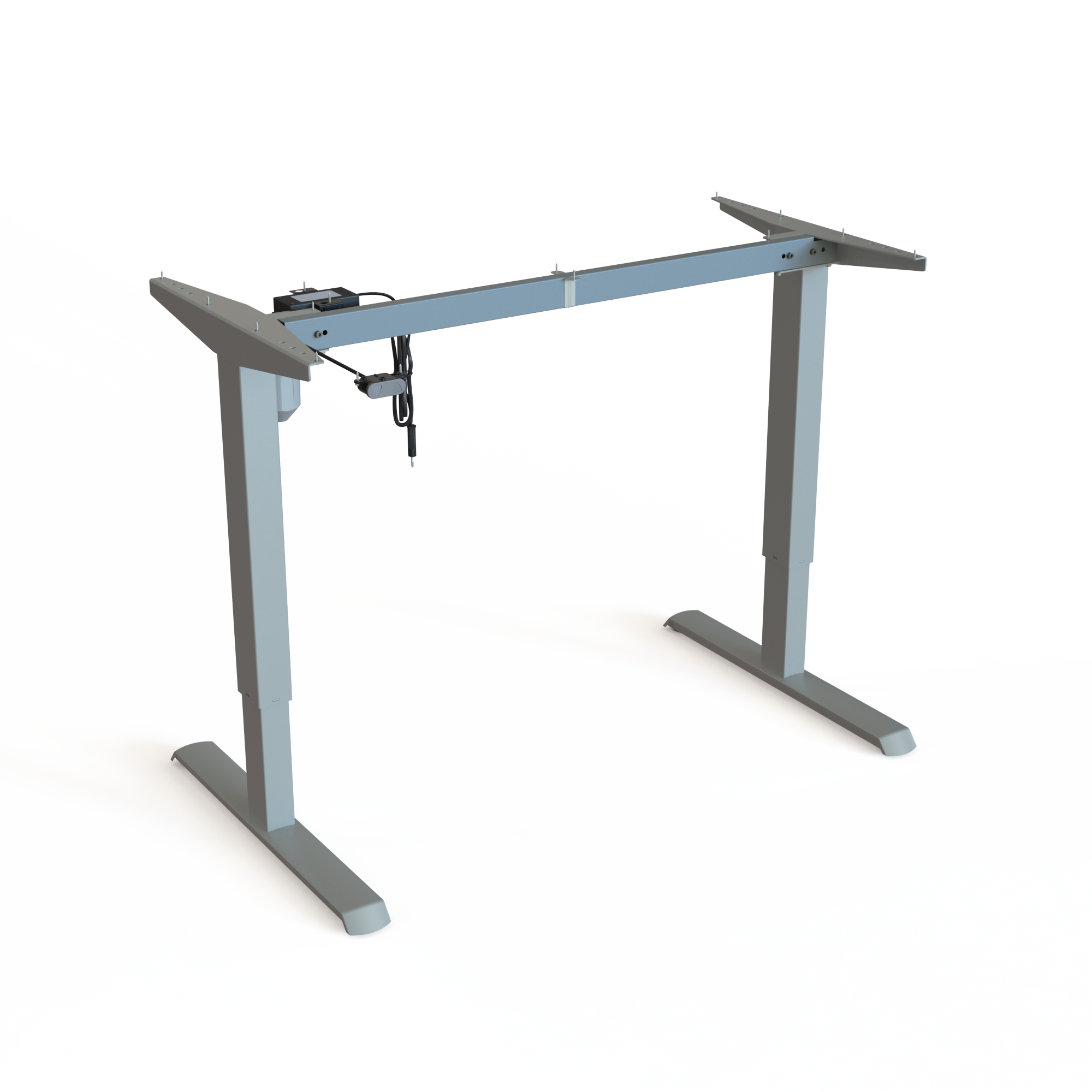 Silver Steel Sit-Stand Desk Base. Made from steel and silver powder-coated, size 112cm. Height is 68-118cm, supporting a dynamic load capacity of 80kg.