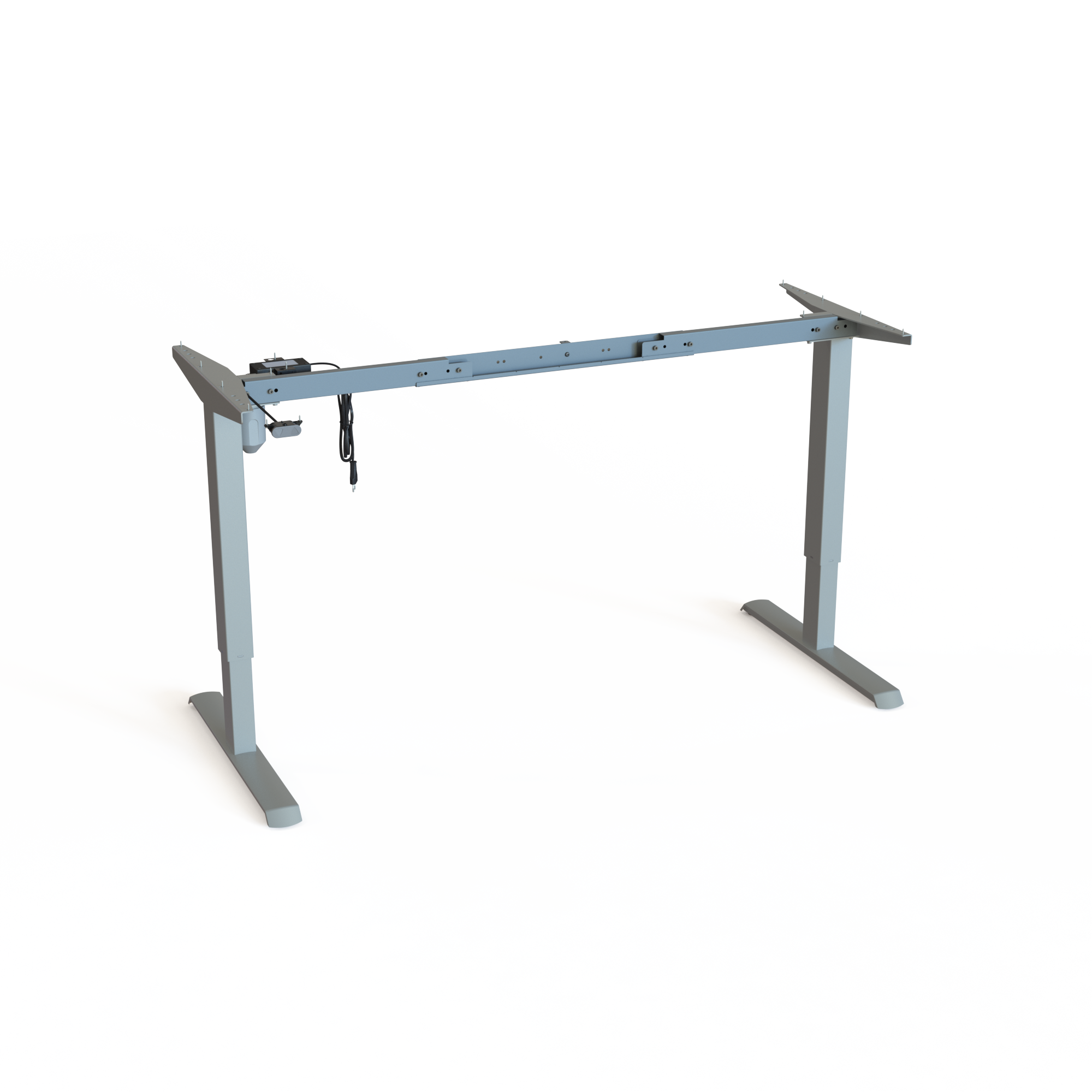 White Steel Adjustable 2-Leg Base (Variable Width). White powder-coated steel. Variable frame width 132 and 172cm. Operates in the range 68-118cm, rated for a load of 80kg.