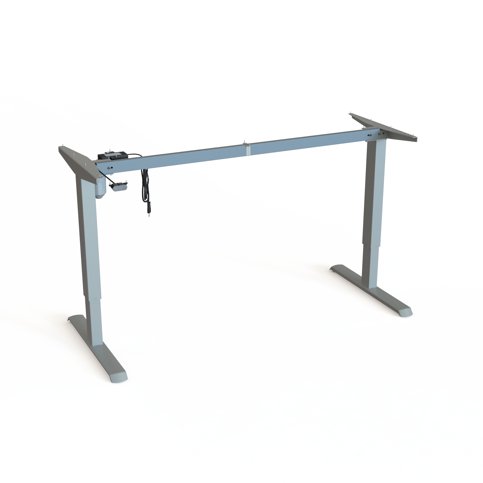Silver Electric Sit-Stand Desk Underframe. Width 152cm. Features electric adjustment between 68-118cm, effortlessly lifting 80kg.