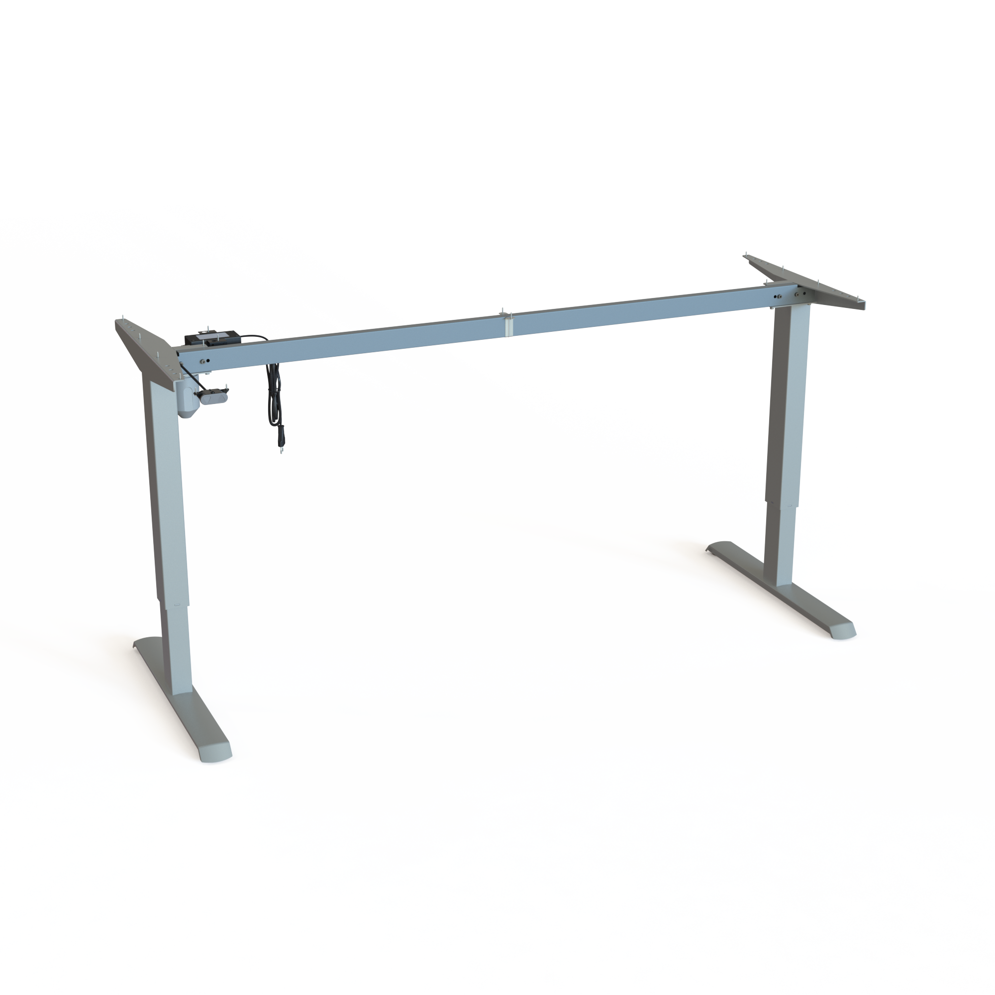 Silver Height-Adjustable Work Desk Frame. Painted silver, frame width 172cm. Operates in the range 68-118cm, with the motor lifting 80kg.