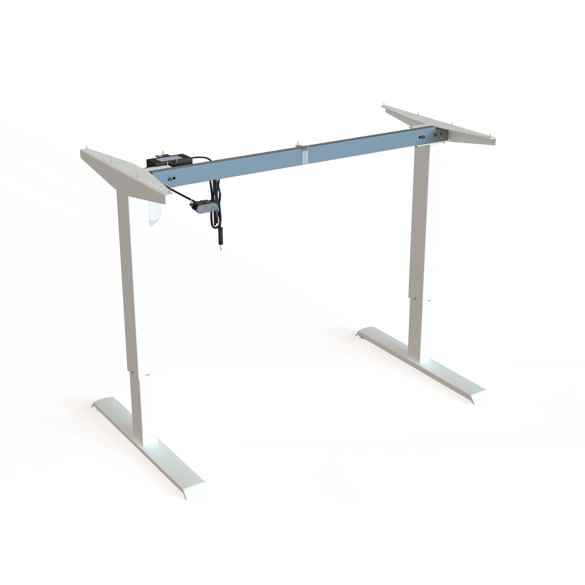 Ergonomic White Desk Stand. Painted white, frame width 112cm. Adjusts in the height span 68-118cm, offering a dynamic capacity of 80kg.