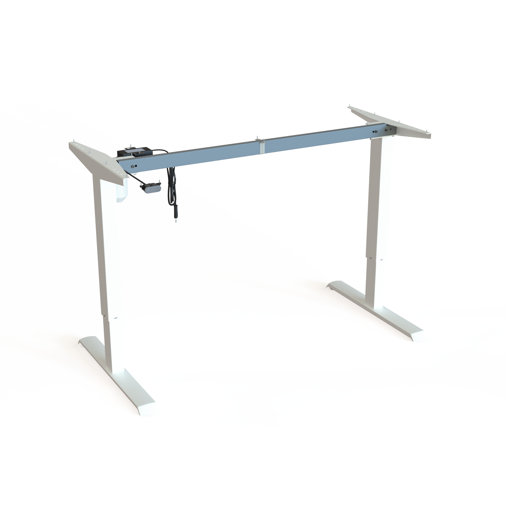 White 2-Column Sit-Stand Frame. White powder-coated, base width 129cm. Ergonomic height choice 68-118cm, with a carrying capacity of 80kg.