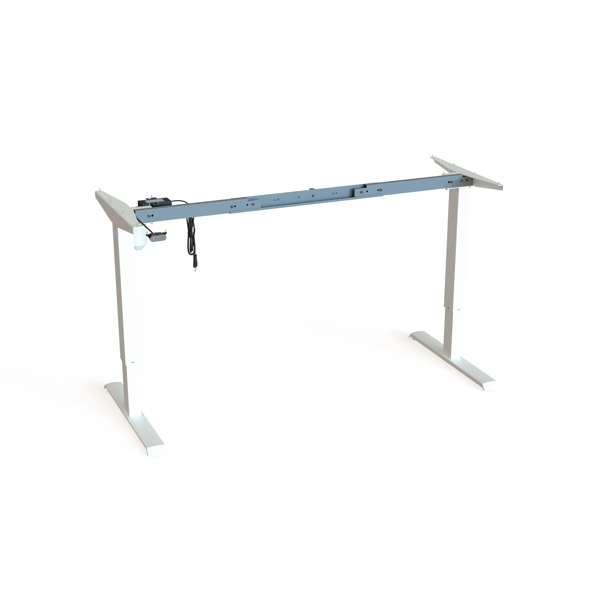 Black Sit-Stand Office Desk Base (Variable Width). Black powder-coated frame. Variable frame width 132 and 172cm. Height is 57-122cm, dynamic load capacity 100kg.