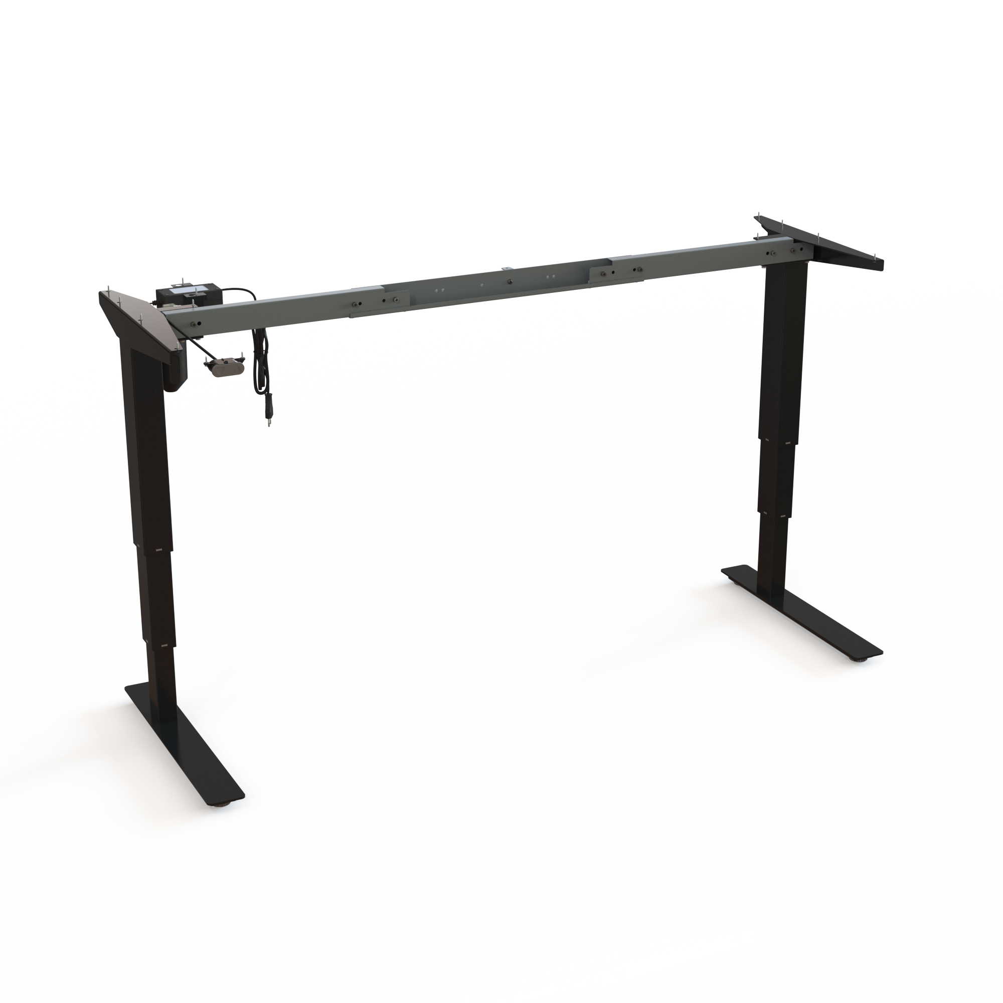 Silver Ergonomic Desk Stand (Variable Width). Silver lacquered. Variable width between 112 and 152cm. Height is 57-122cm, rated for a load of 100kg.