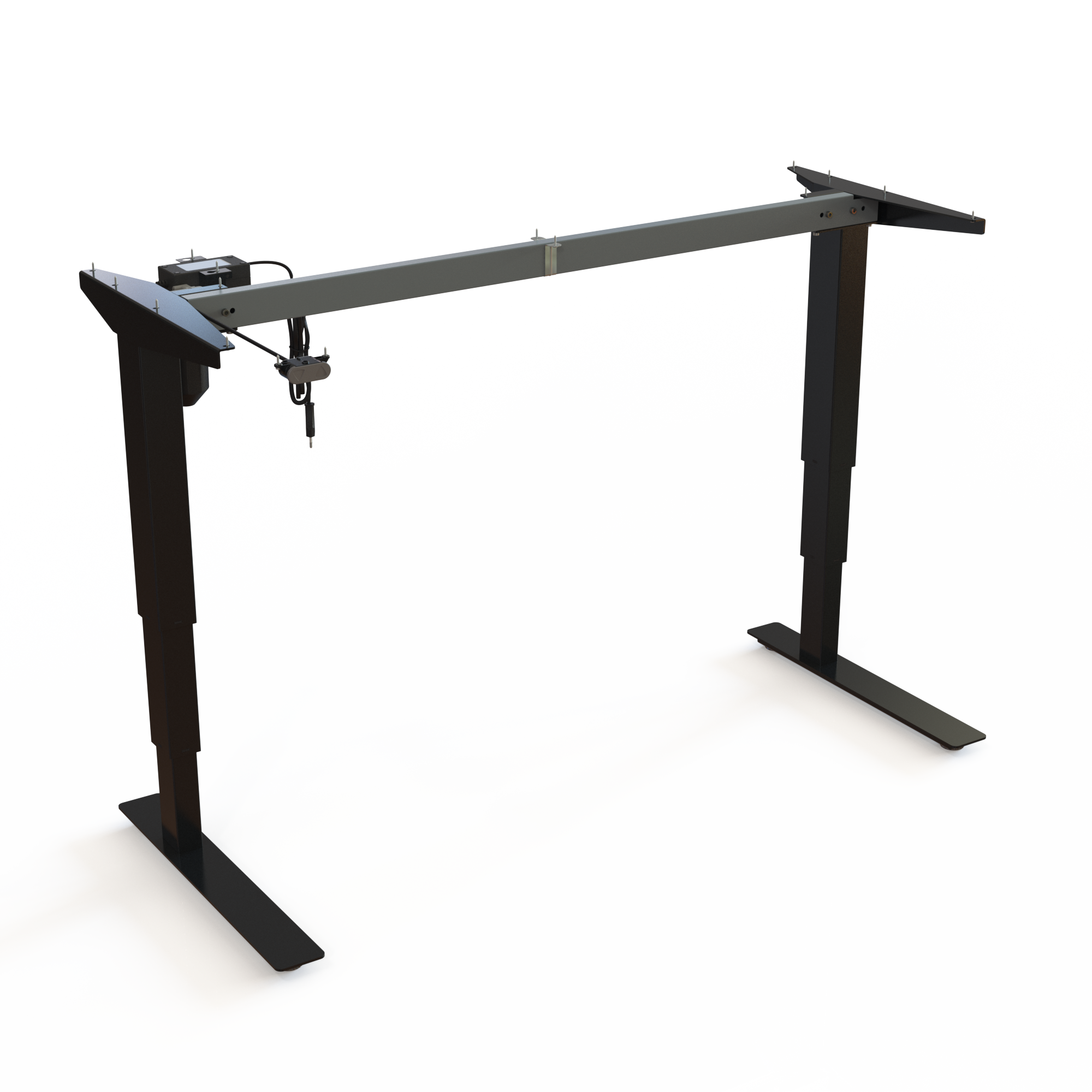 Black Steel Sit-Stand Office Desk Base. Steel frame in black, measuring 129cm in width. Height is 57-122cm, and the frame lifts 100kg.